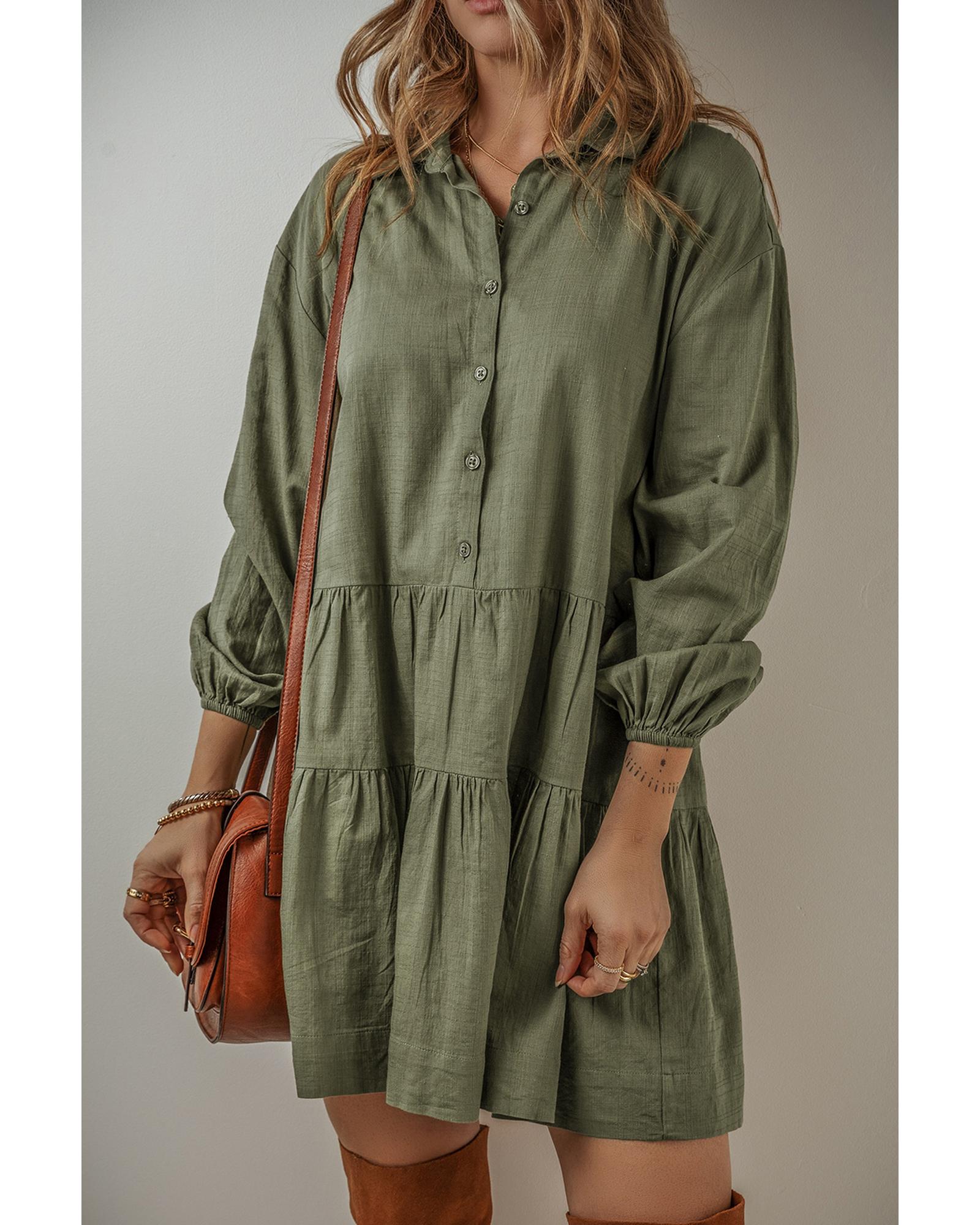 Jungle Green Puff Sleeve Buttoned Tiered Pleated Shirt Mini Dress - S