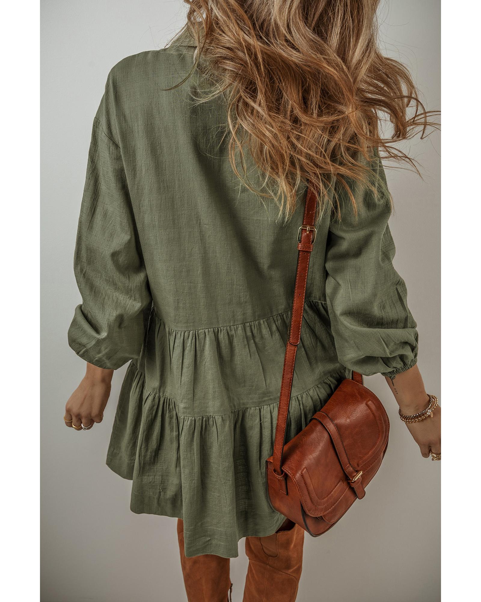 Jungle Green Puff Sleeve Buttoned Tiered Pleated Shirt Mini Dress - XL