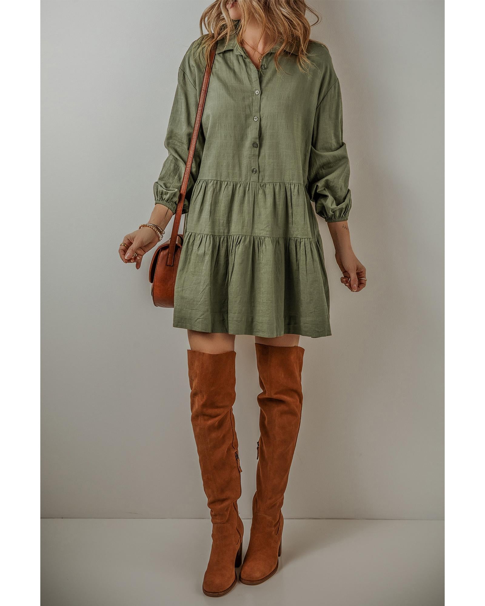Jungle Green Puff Sleeve Buttoned Tiered Pleated Shirt Mini Dress - XL 3