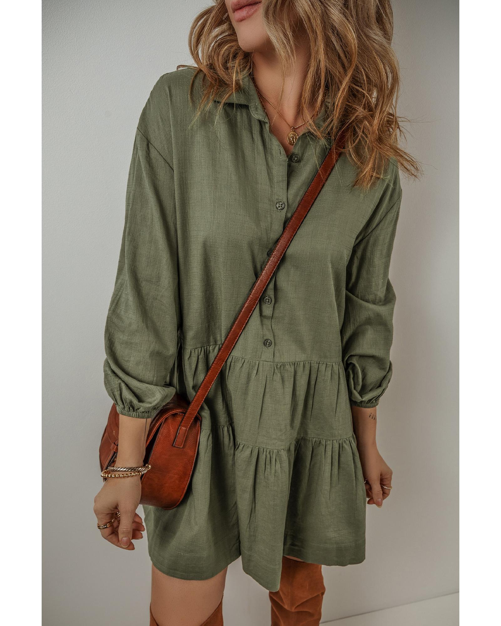 Jungle Green Puff Sleeve Buttoned Tiered Pleated Shirt Mini Dress - XL 4