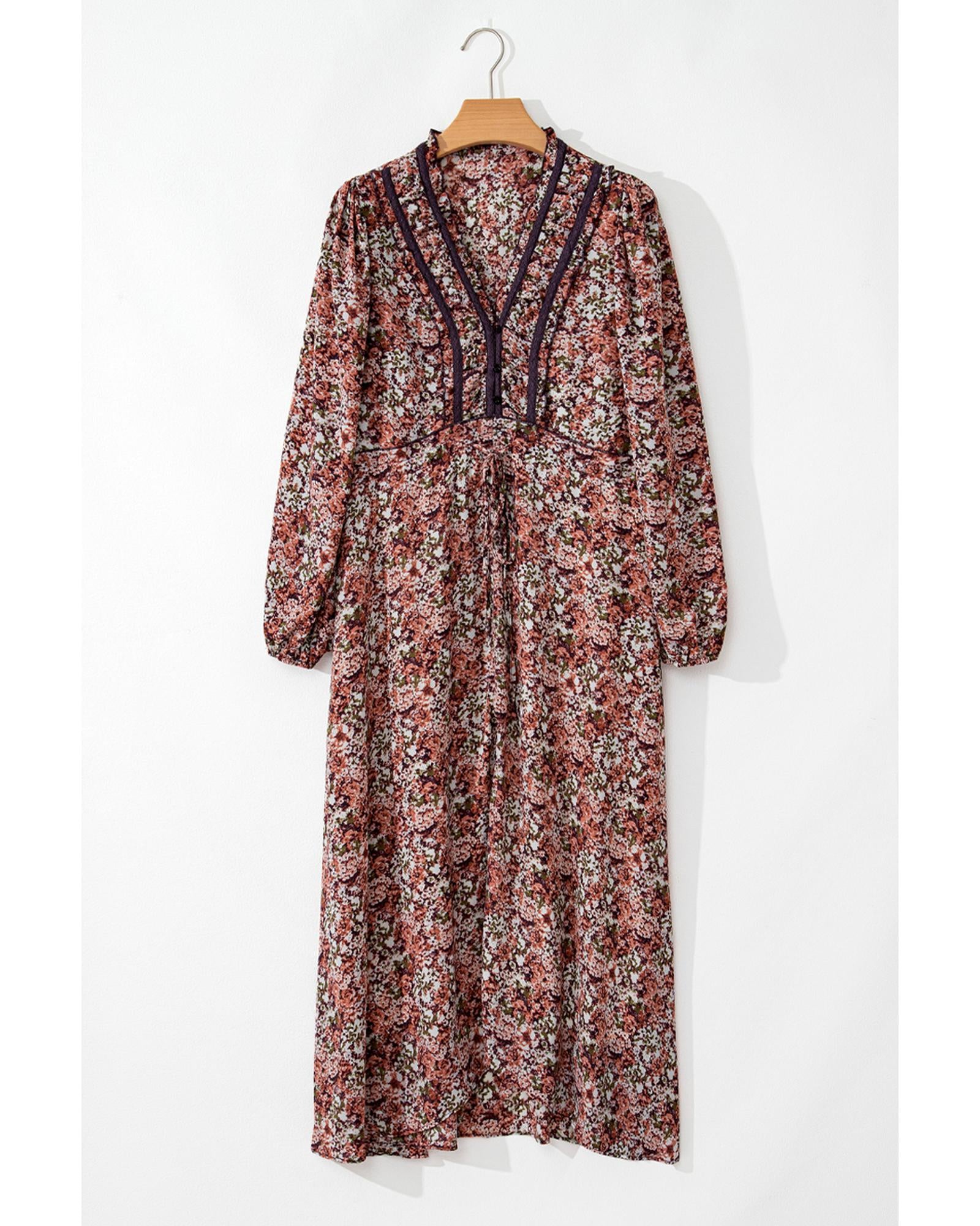 Brown Floral Print Split Front Tiered Frilled V Neck Midi Dress - L 5