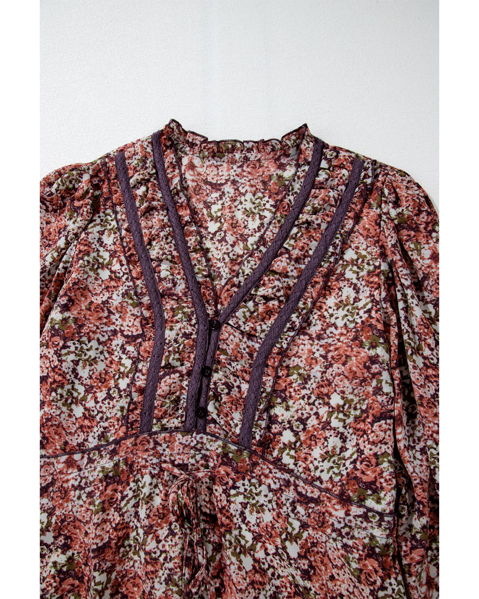 Brown Floral Print Split Front Tiered Frilled V Neck Midi Dress - M 4