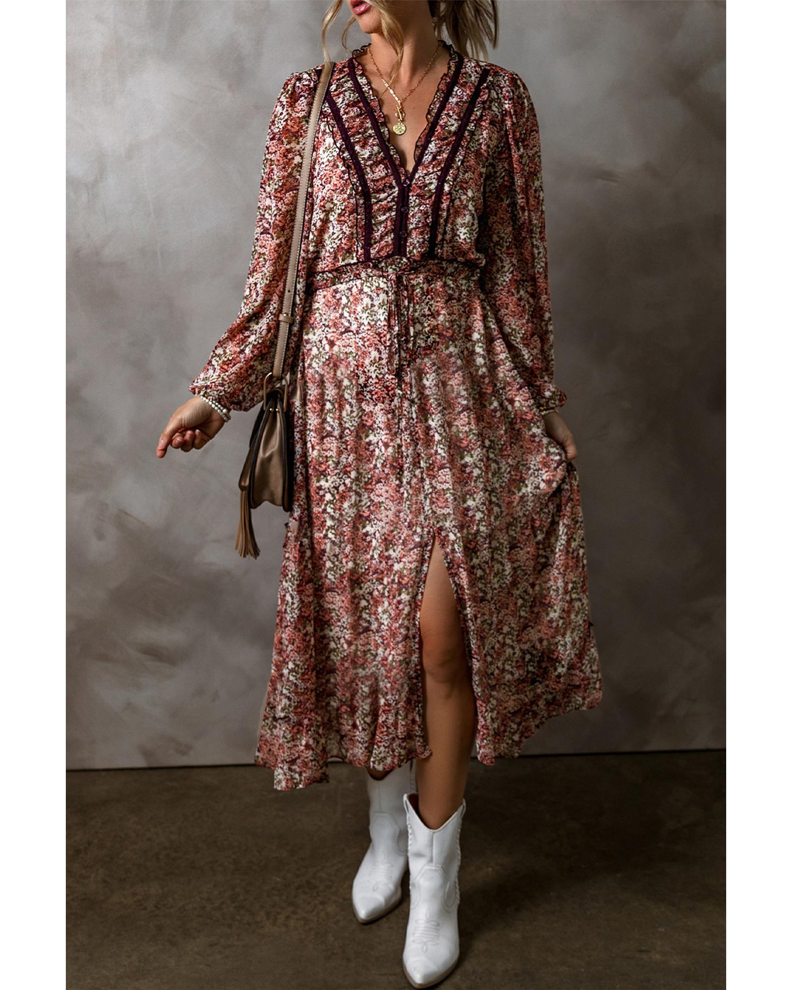 Brown Floral Print Split Front Tiered Frilled V Neck Midi Dress - M 6