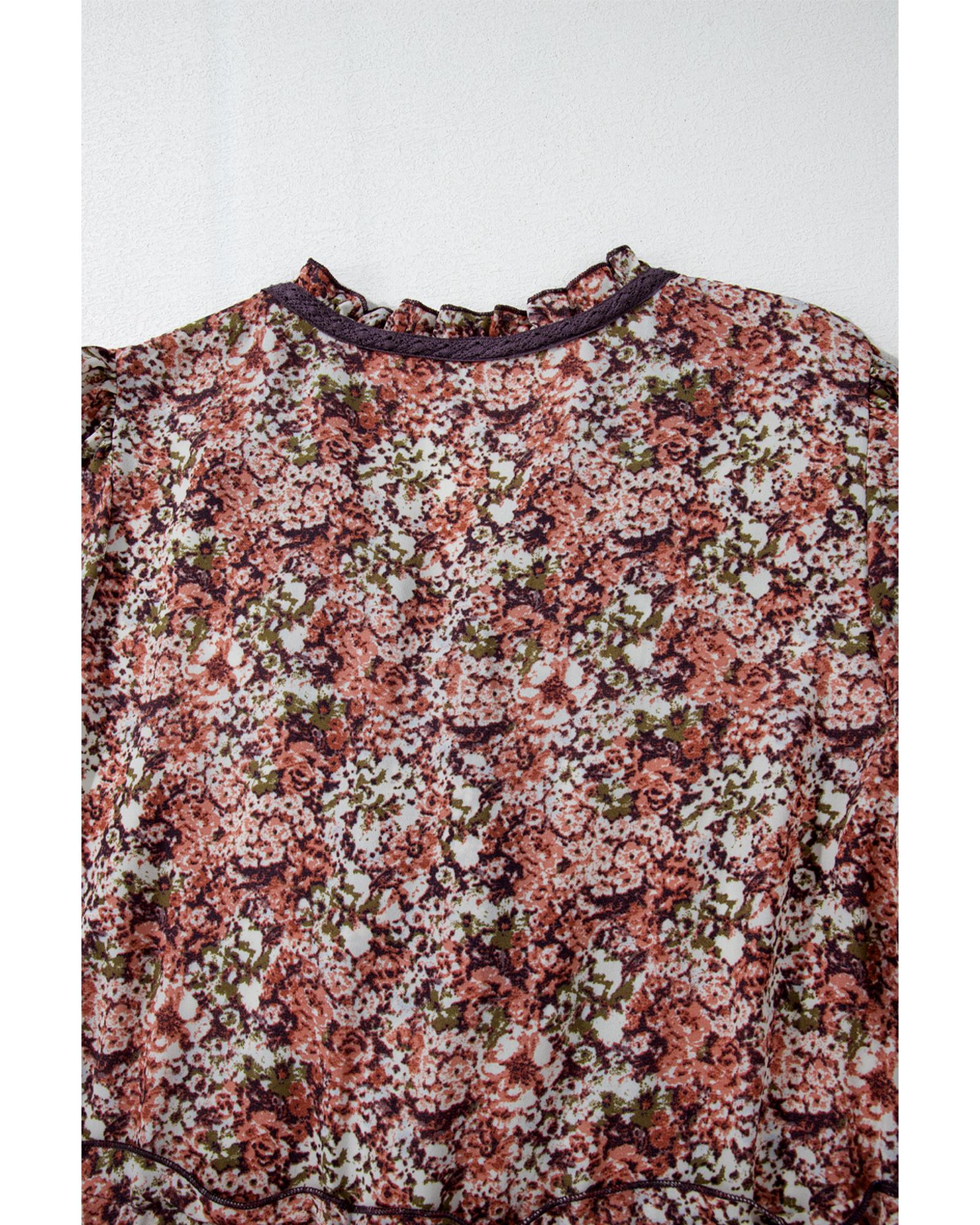 Brown Floral Print Split Front Tiered Frilled V Neck Midi Dress - M 7