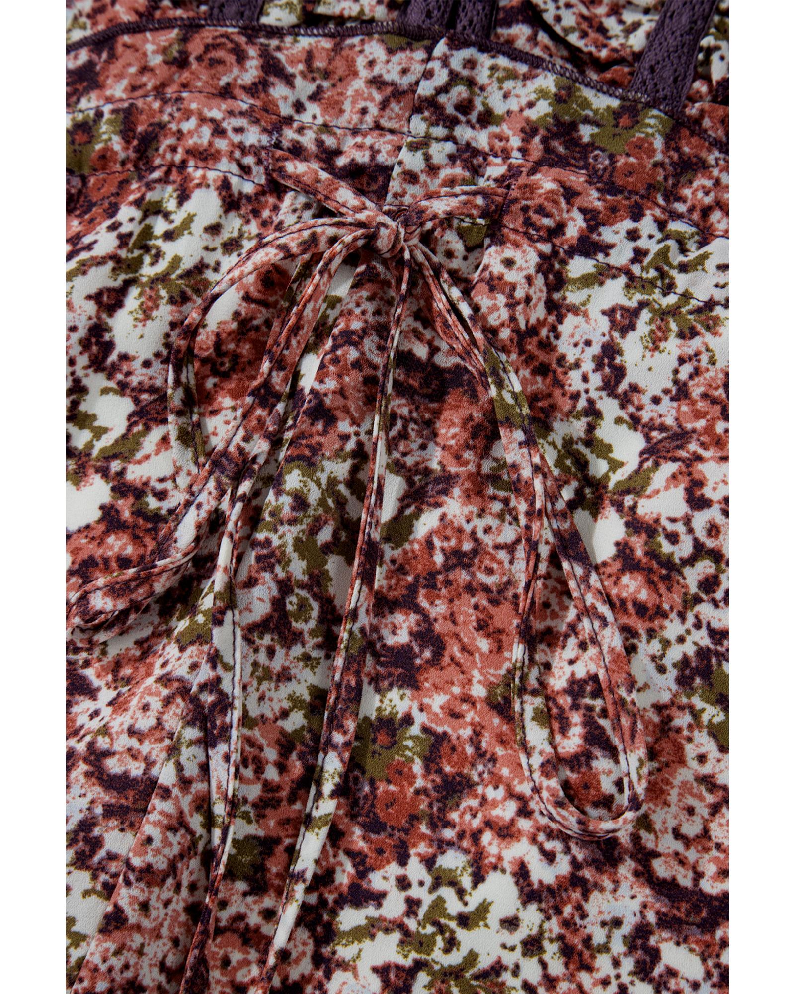 Brown Floral Print Split Front Tiered Frilled V Neck Midi Dress - M 8