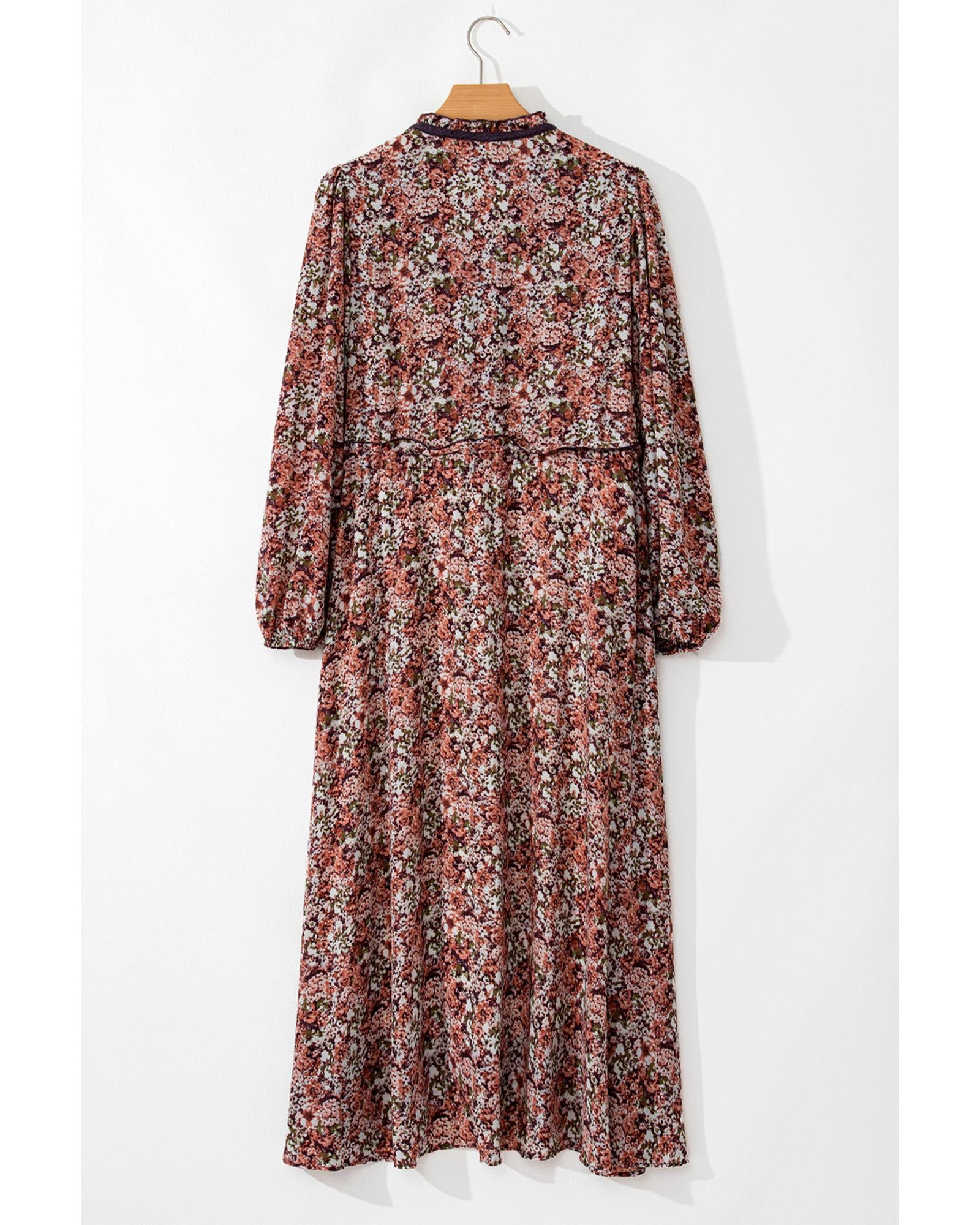 Brown Floral Print Split Front Tiered Frilled V Neck Midi Dress - XL