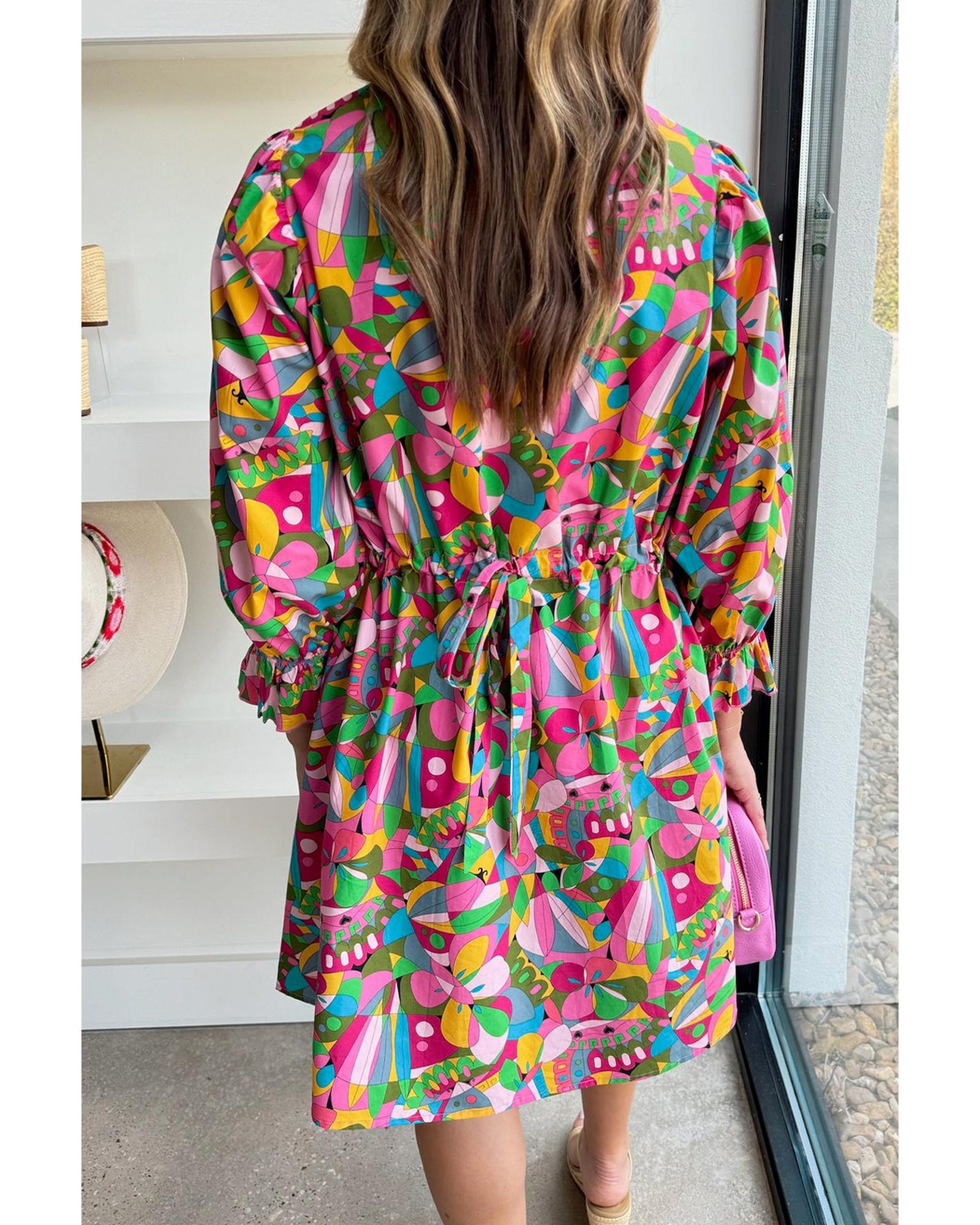 Pink Abstract Printed Lantern Sleeve Buttoned Mini Dress - L