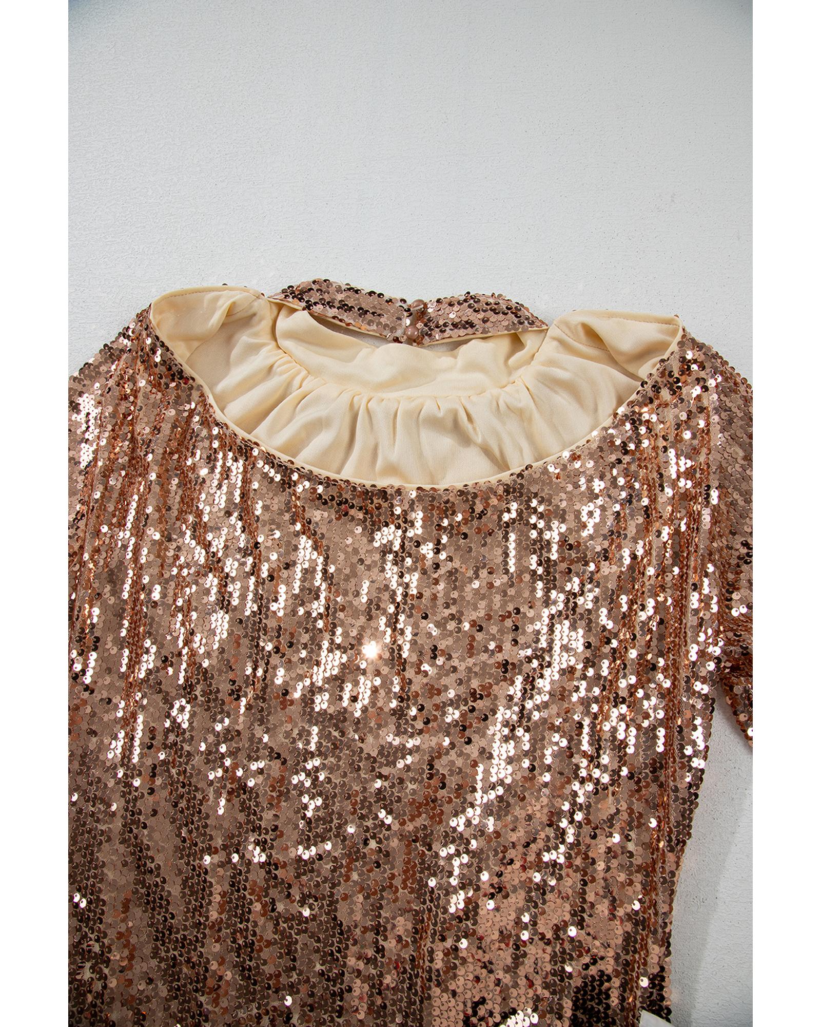 Gold Sequined Long Sleeve Cutout Back Mini Dress - M 6