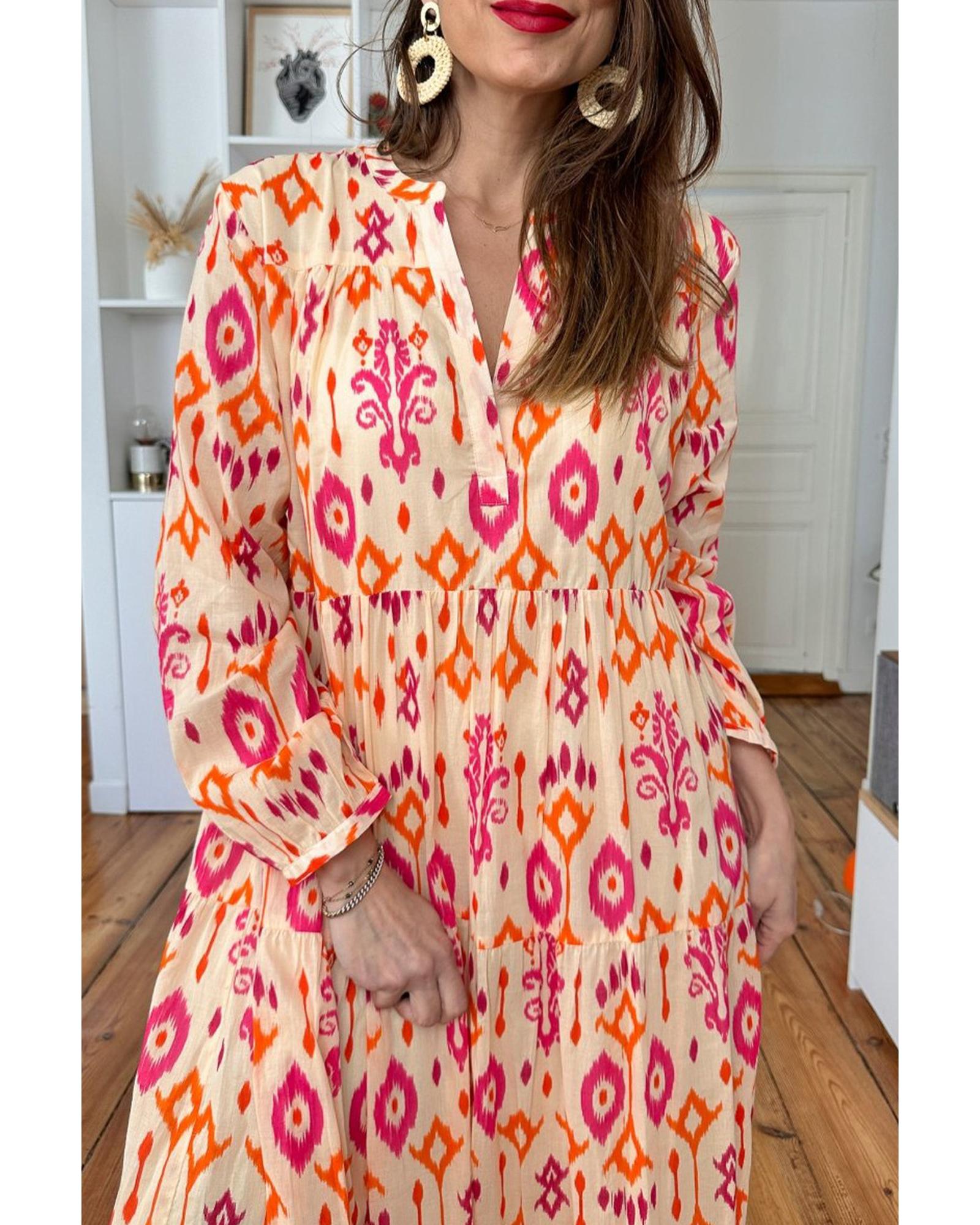 Orange Western Abstract Geometric Printed Maxi Dress - M