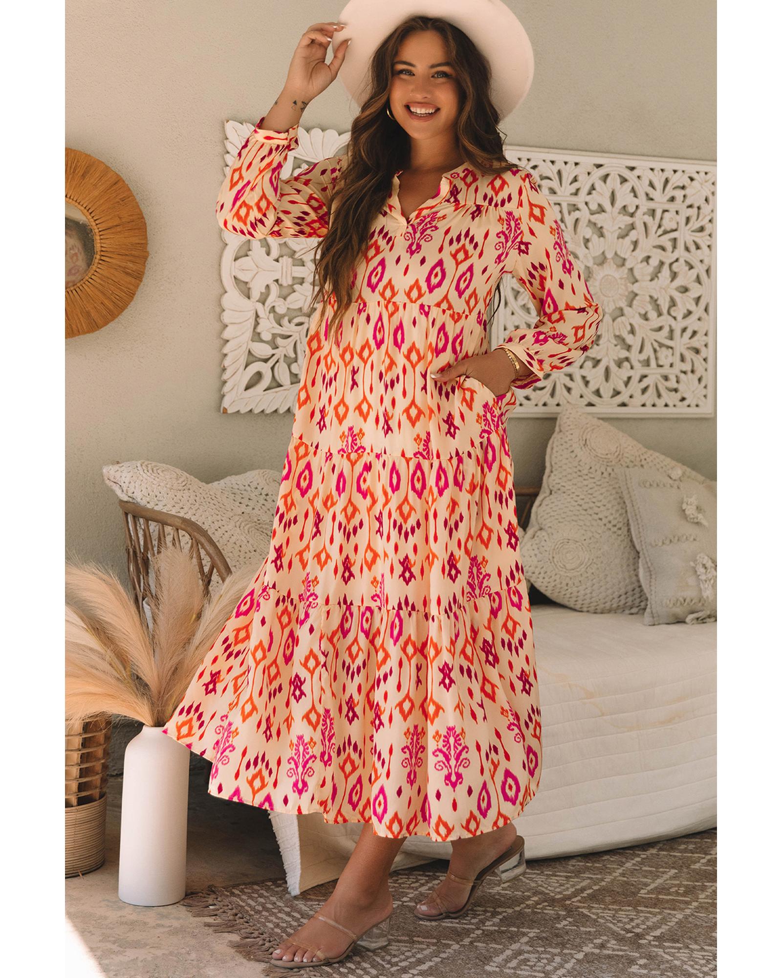 Orange Western Abstract Geometric Printed Maxi Dress - M 8