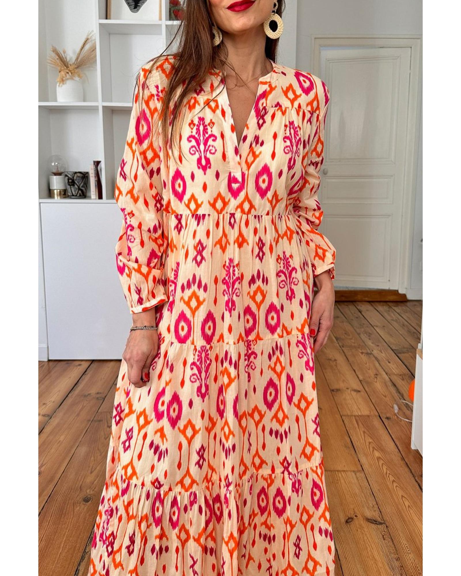 Orange Western Abstract Geometric Printed Maxi Dress - S 3