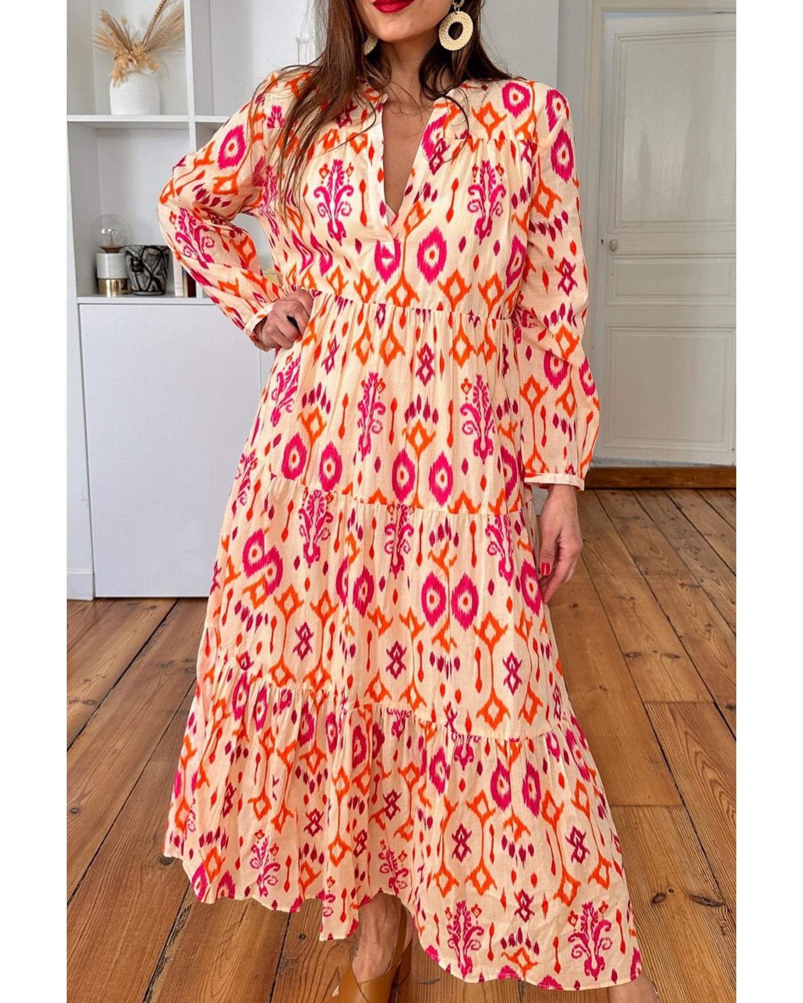 Orange Western Abstract Geometric Printed Maxi Dress - XL 5