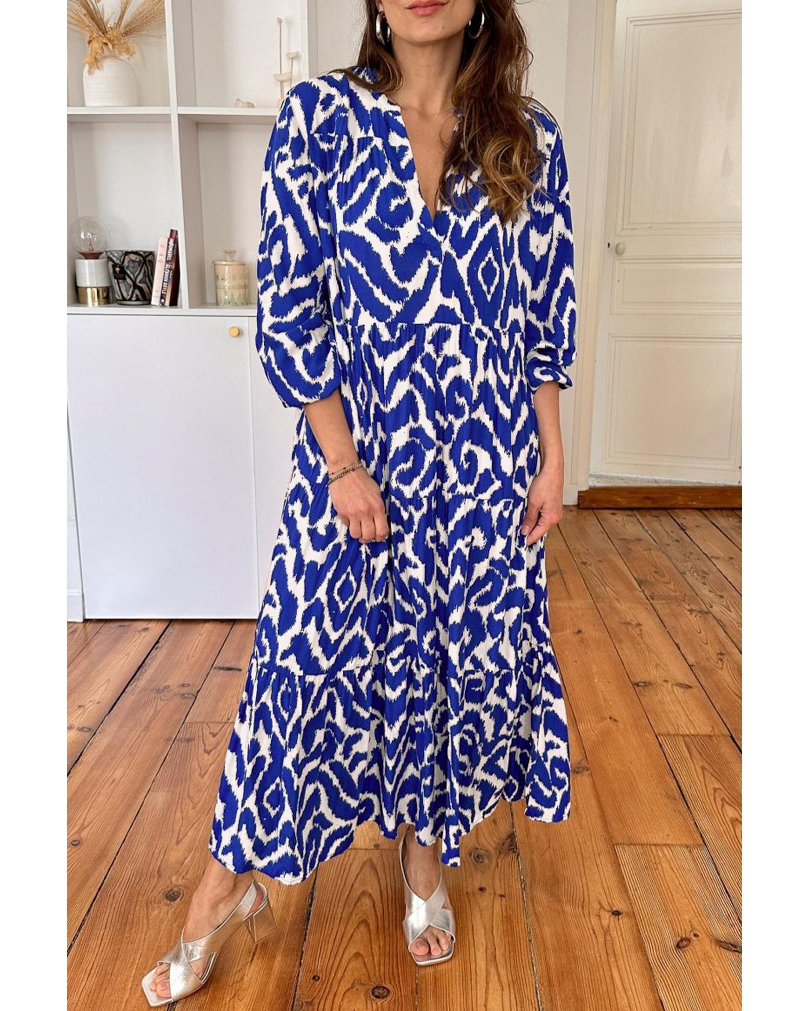 Blue Western Abstract Geometric Printed Maxi Dress - M 6