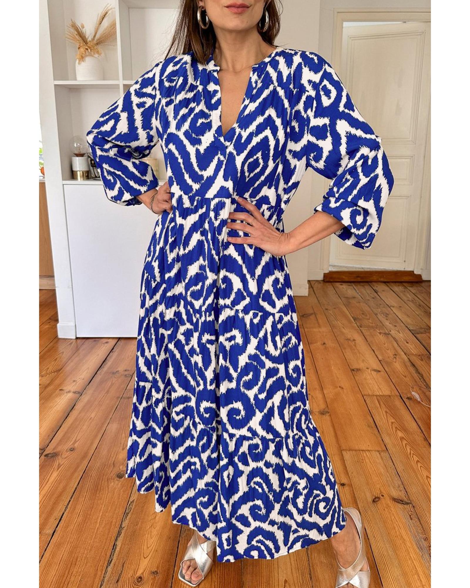 Blue Western Abstract Geometric Printed Maxi Dress - XL