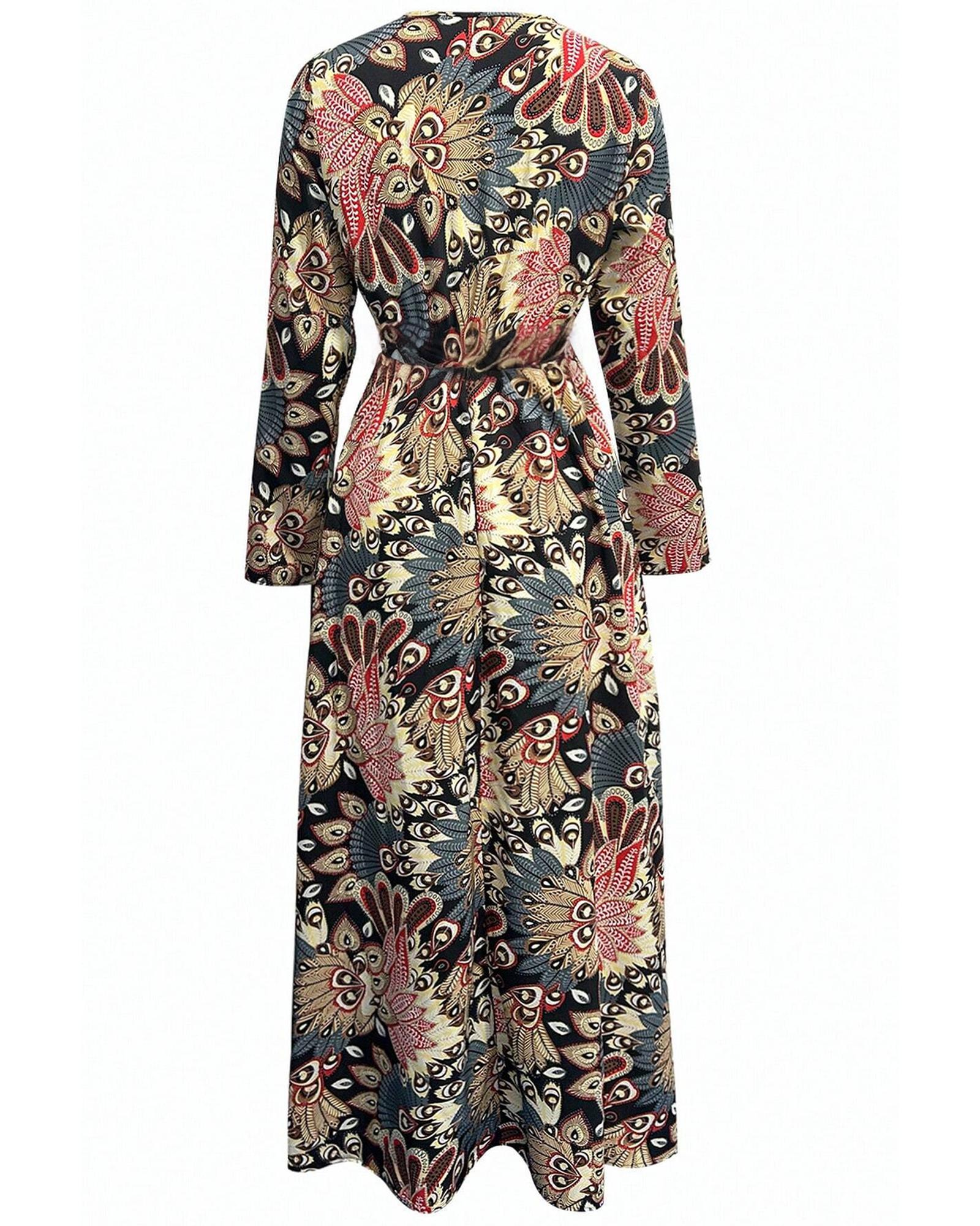 Black Floral Print V Neck Wrap High Waist Maxi Dress - M