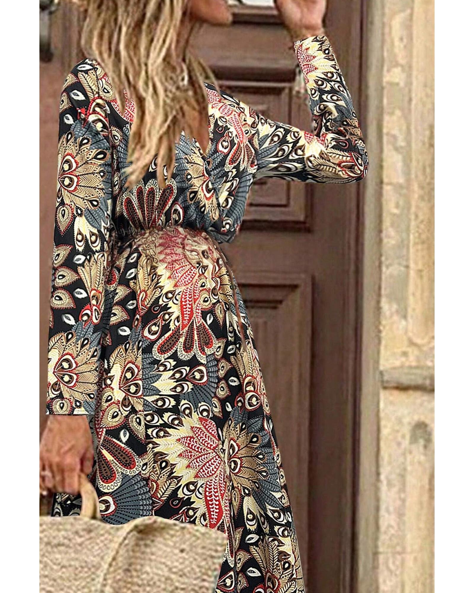 Black Floral Print V Neck Wrap High Waist Maxi Dress - M 3
