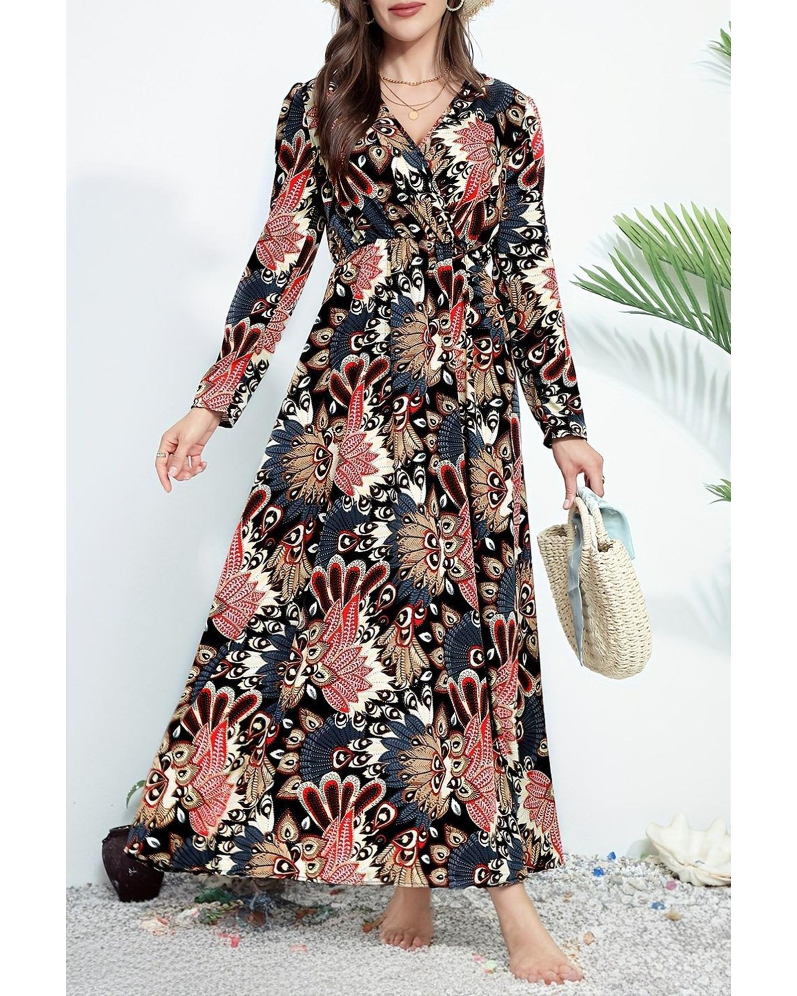 Black Floral Print V Neck Wrap High Waist Maxi Dress - M 4