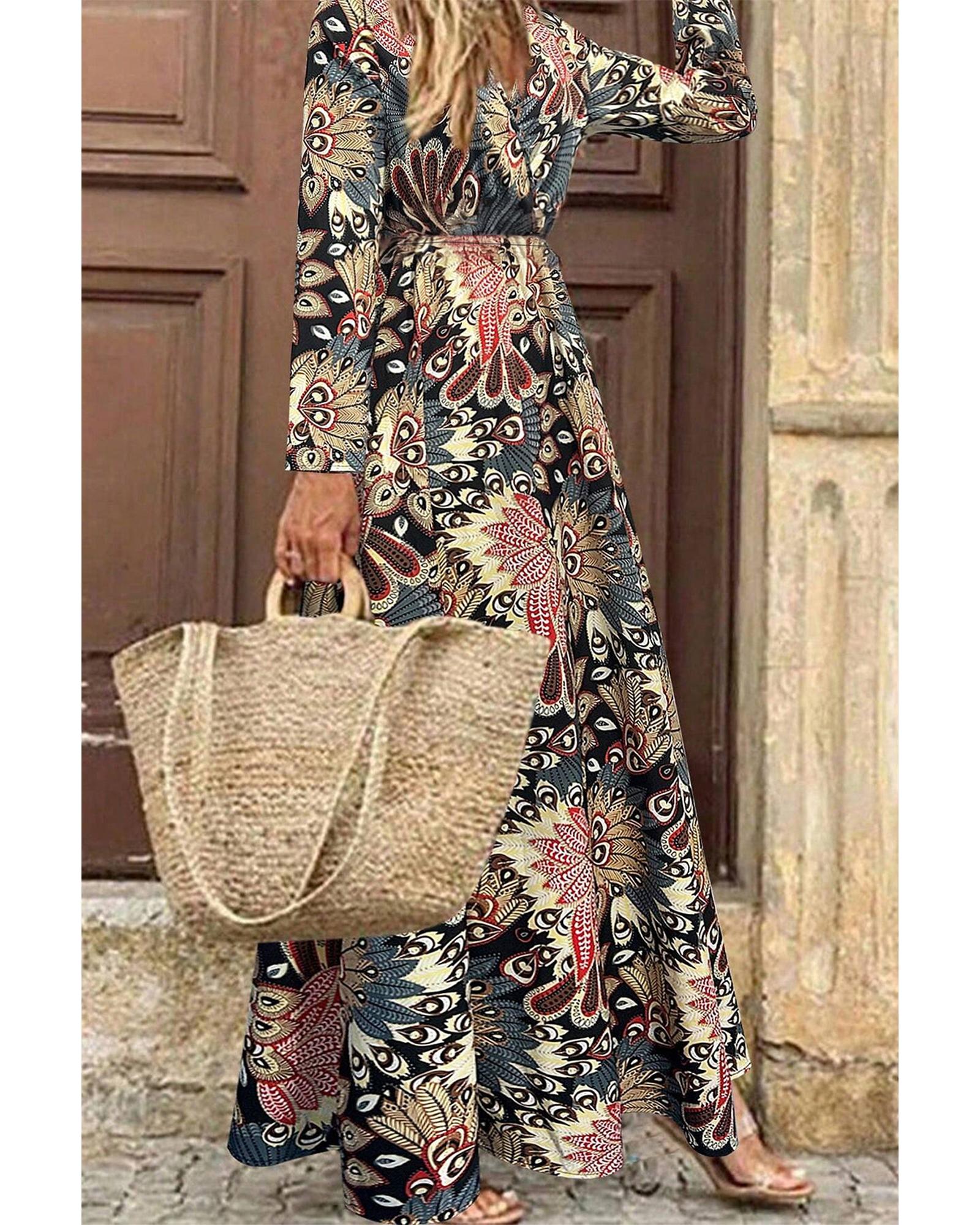 Black Floral Print V Neck Wrap High Waist Maxi Dress - S 5