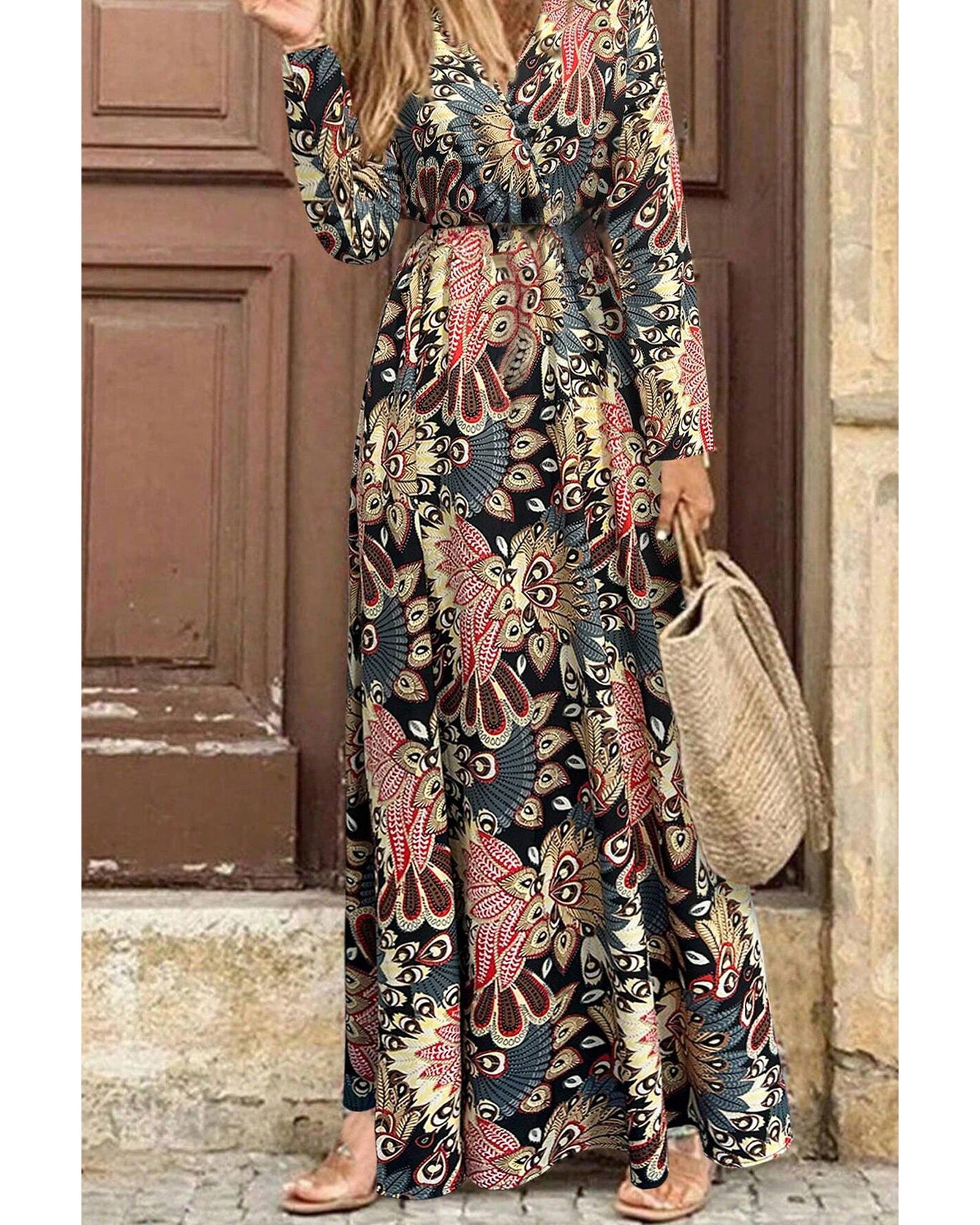 Black Floral Print V Neck Wrap High Waist Maxi Dress - S 7