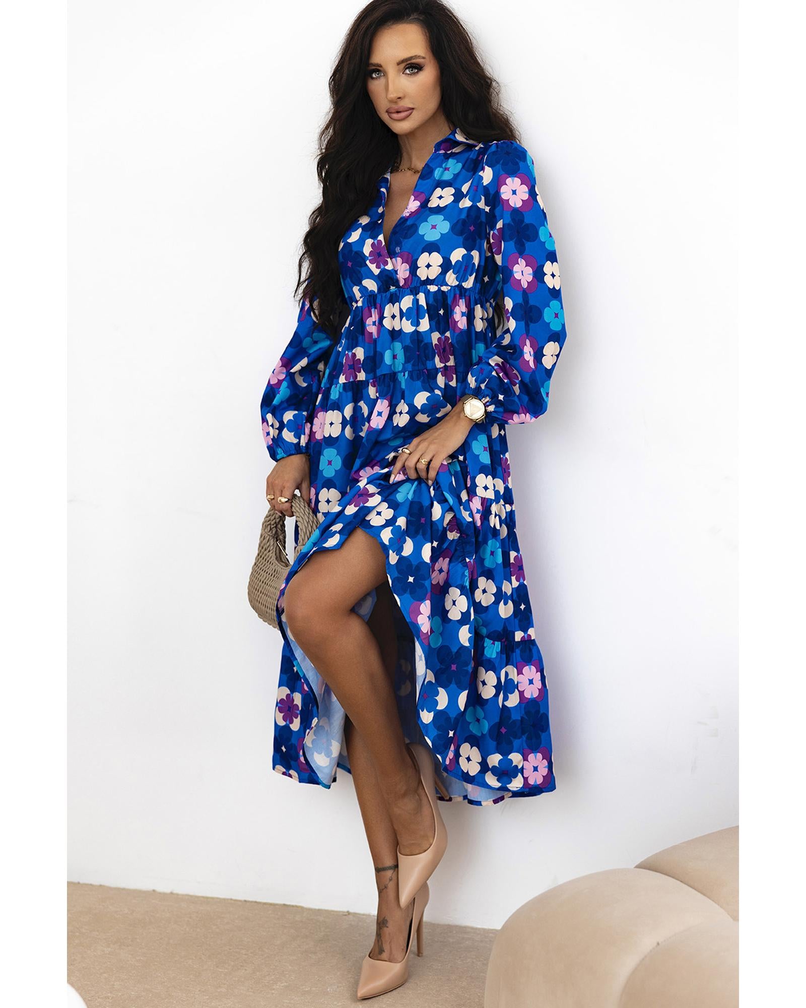 Blue Floral Peasant Sleeve Tiered Ruffle Midi Dress - M 3