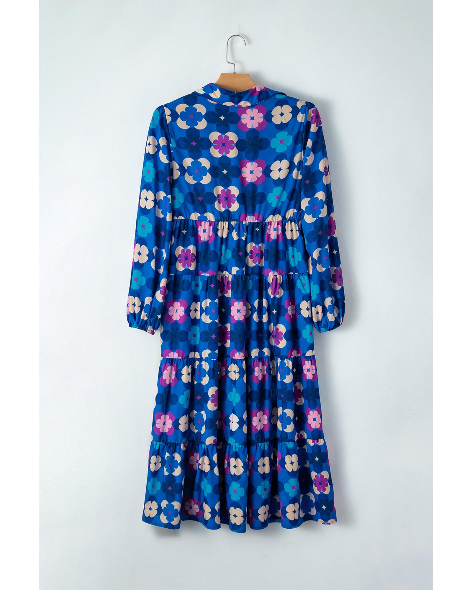 Blue Floral Peasant Sleeve Tiered Ruffle Midi Dress - M 6