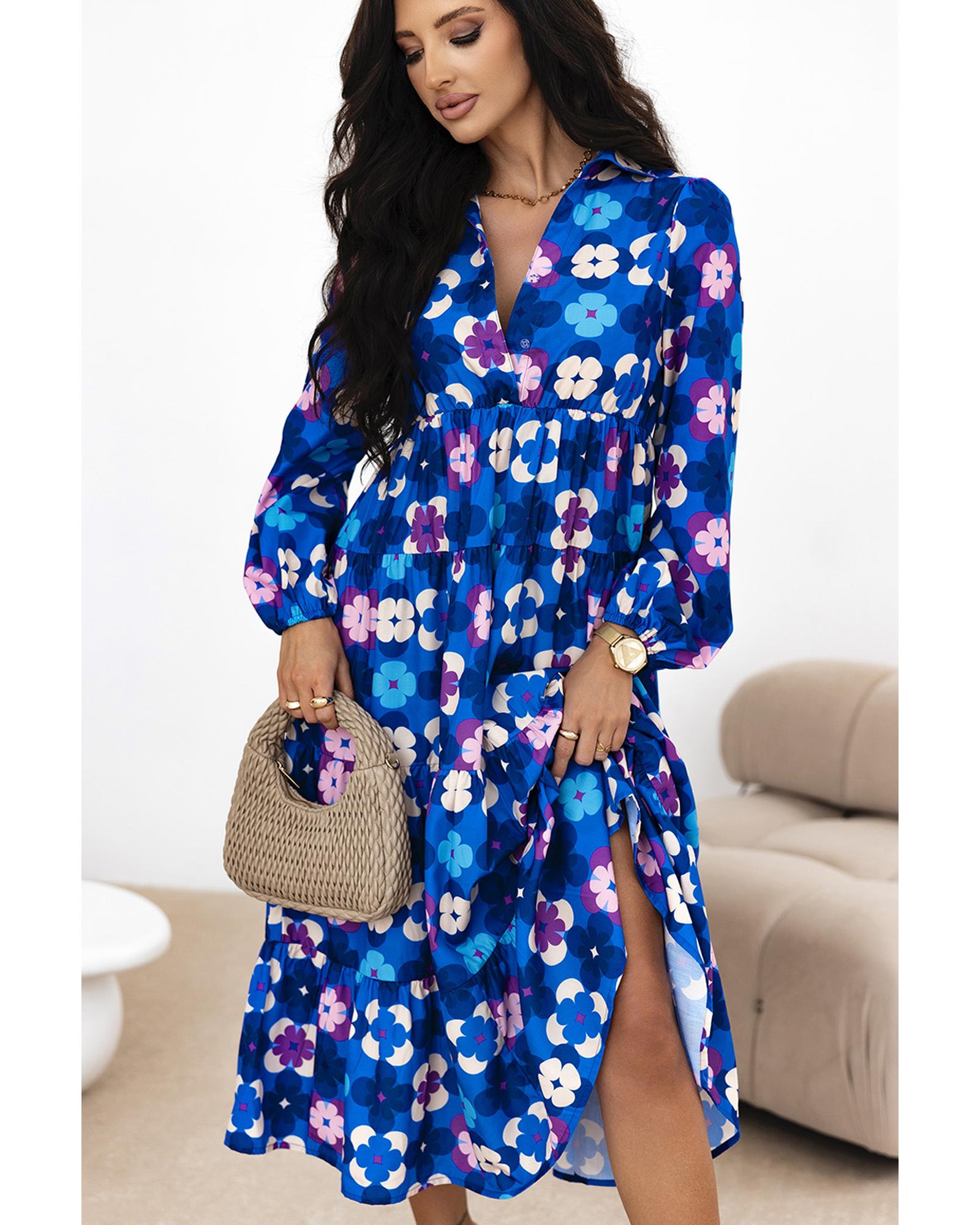 Blue Floral Peasant Sleeve Tiered Ruffle Midi Dress - M 8
