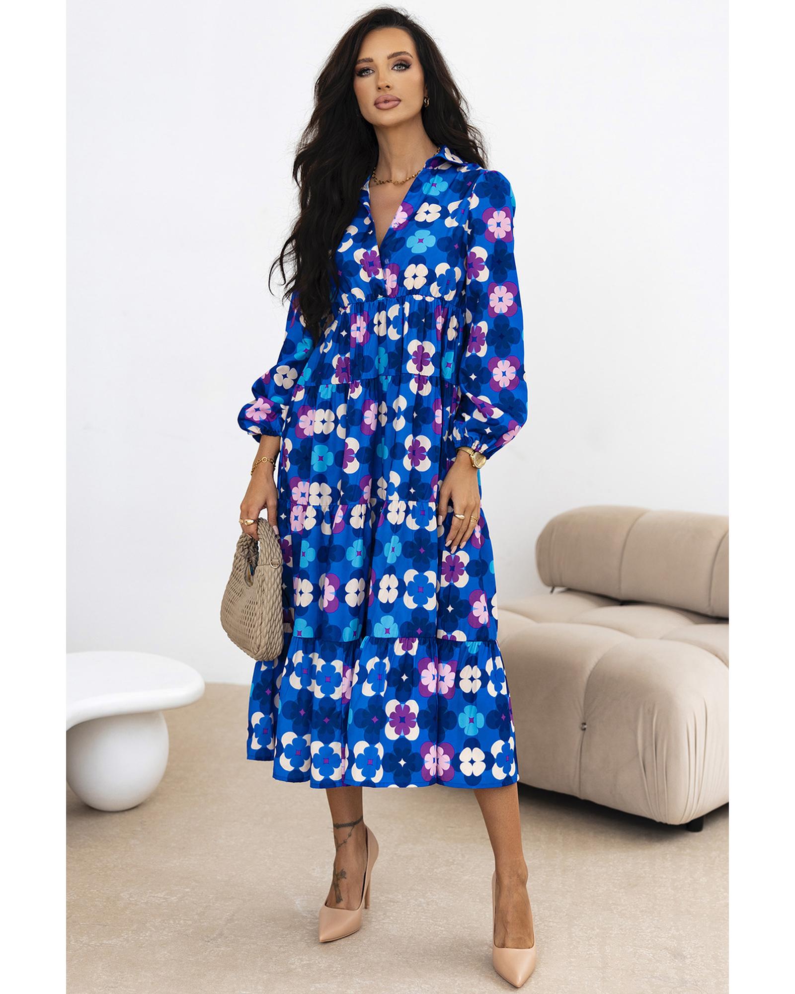 Blue Floral Peasant Sleeve Tiered Ruffle Midi Dress - XL