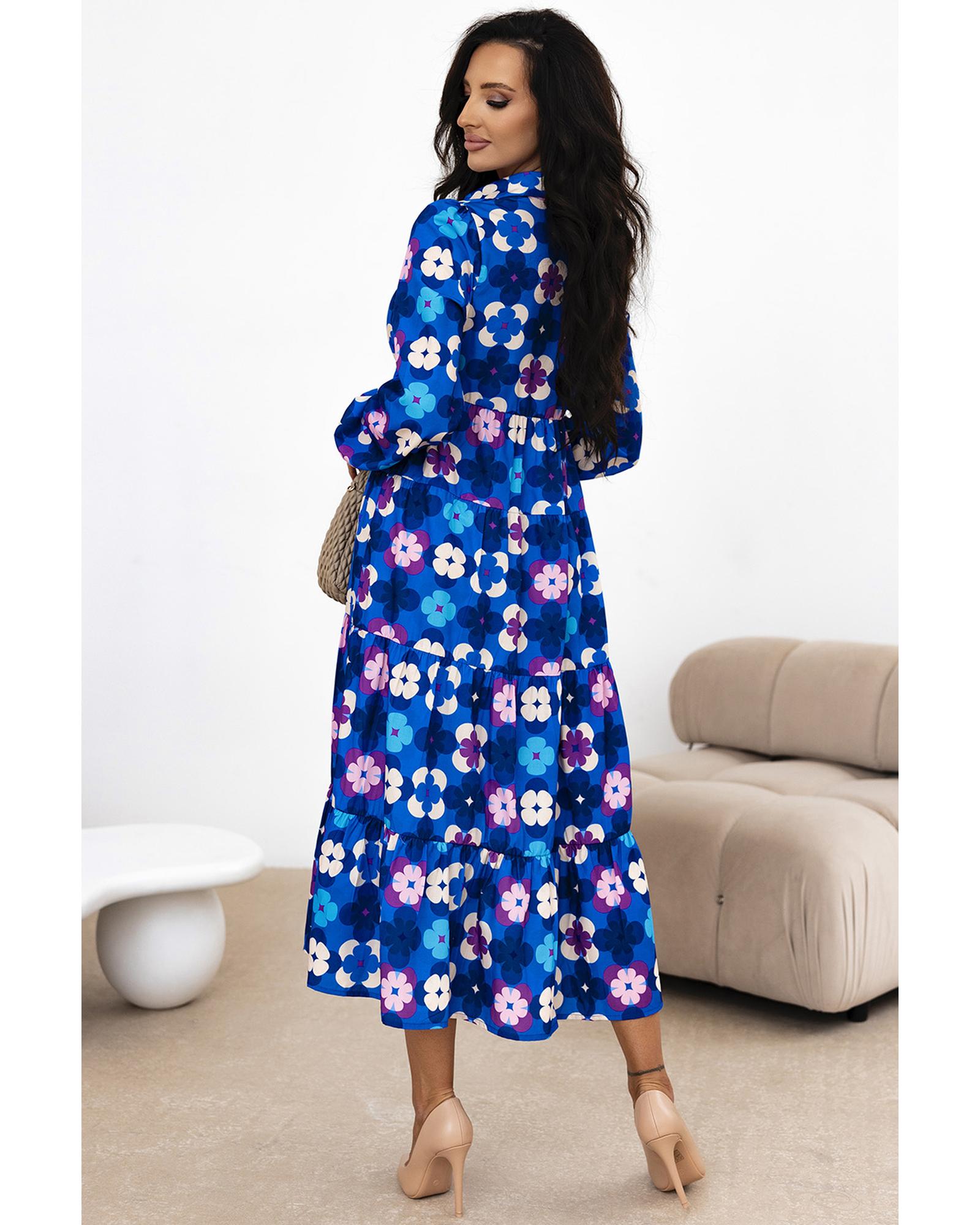 Blue Floral Peasant Sleeve Tiered Ruffle Midi Dress - XL