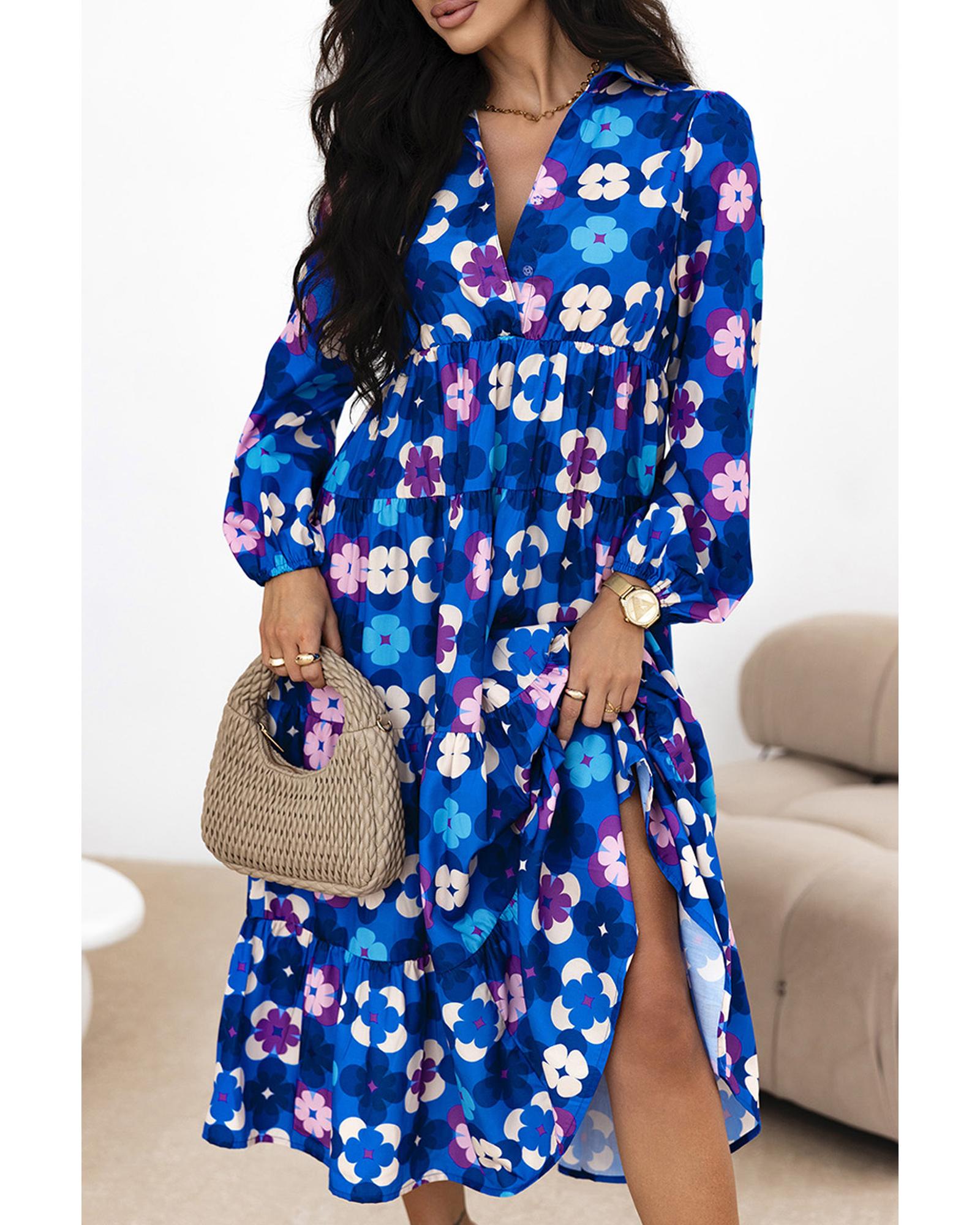 Blue Floral Peasant Sleeve Tiered Ruffle Midi Dress - XL 4