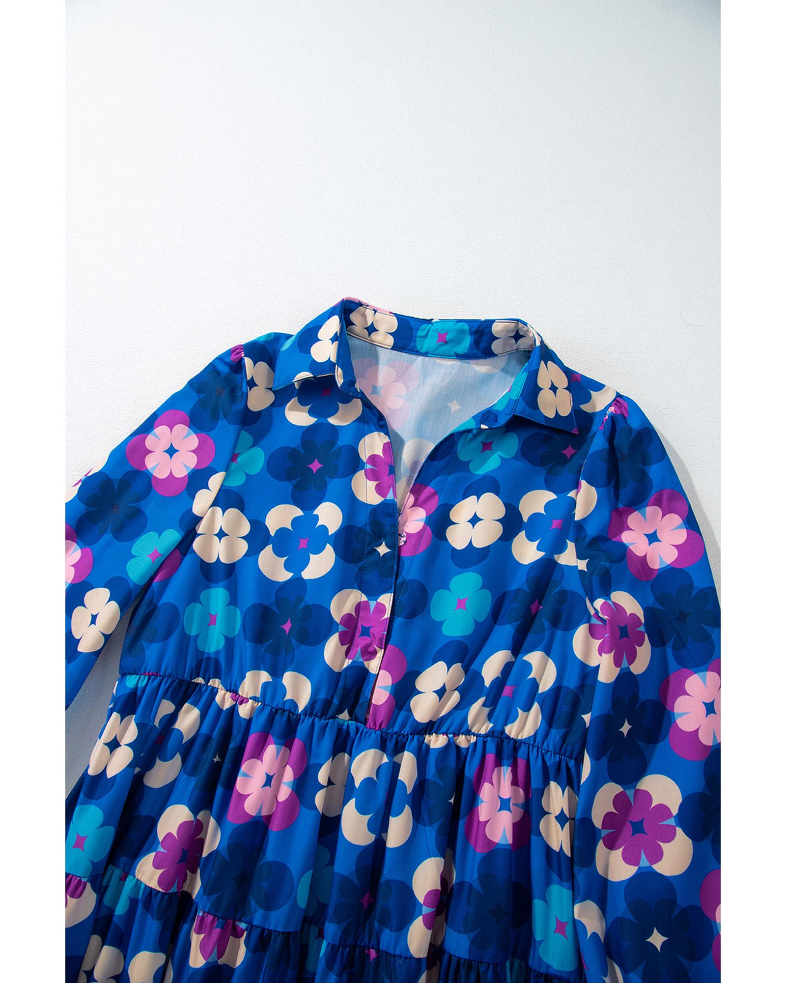 Blue Floral Peasant Sleeve Tiered Ruffle Midi Dress - XL 5