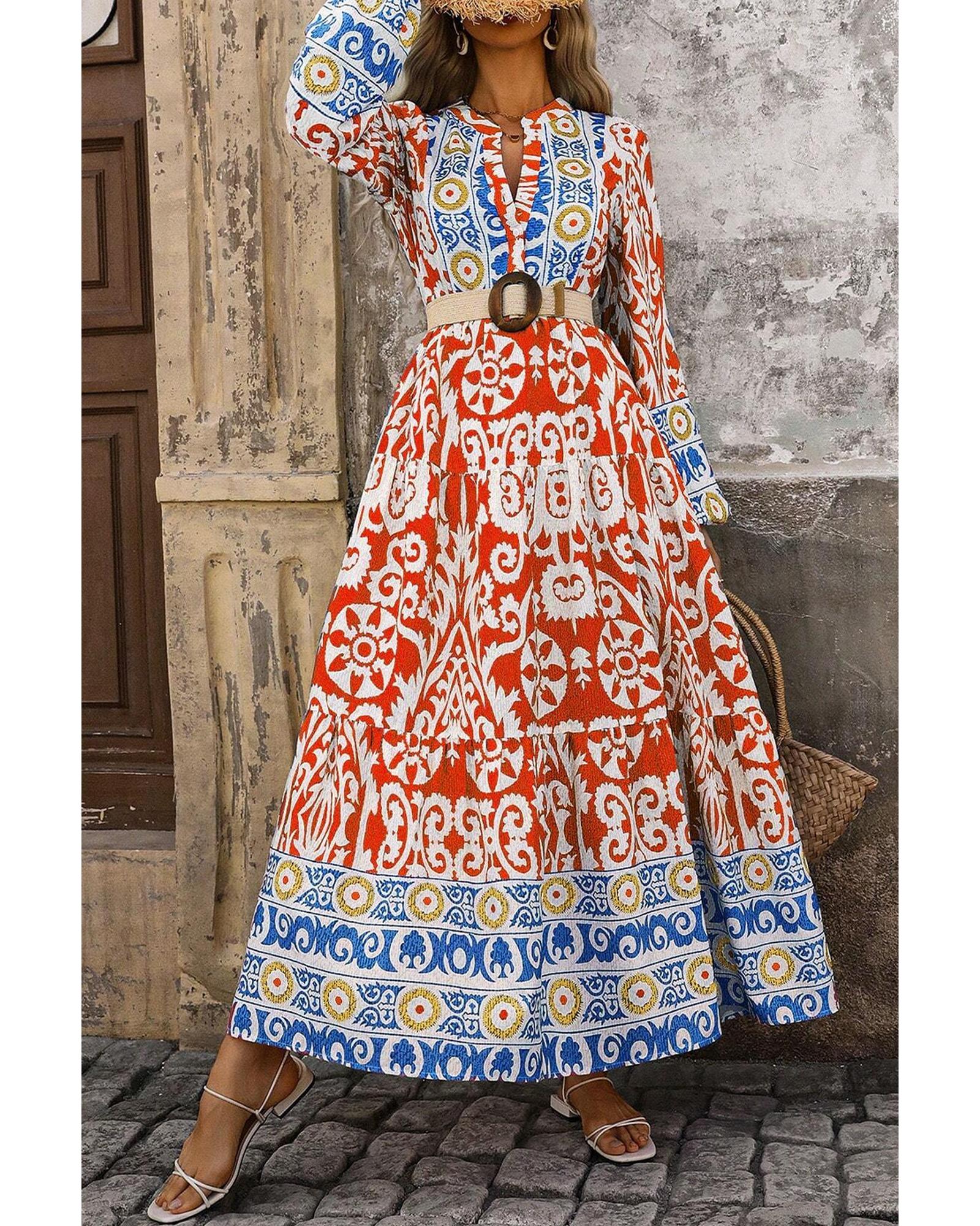 Orange Boho Geometric Printed Long Sleeve Maxi Dress - L 3