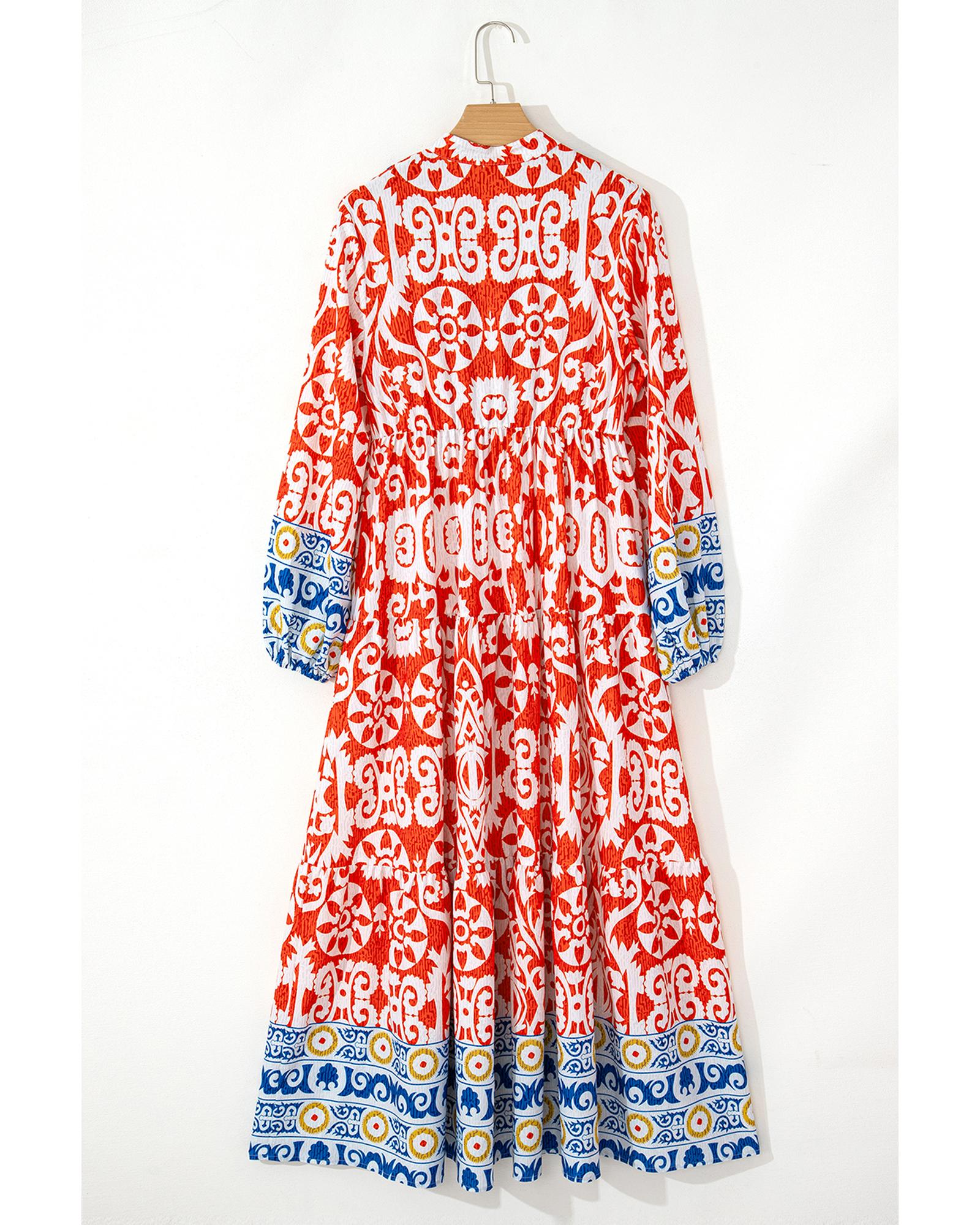 Orange Boho Geometric Printed Long Sleeve Maxi Dress - L 6