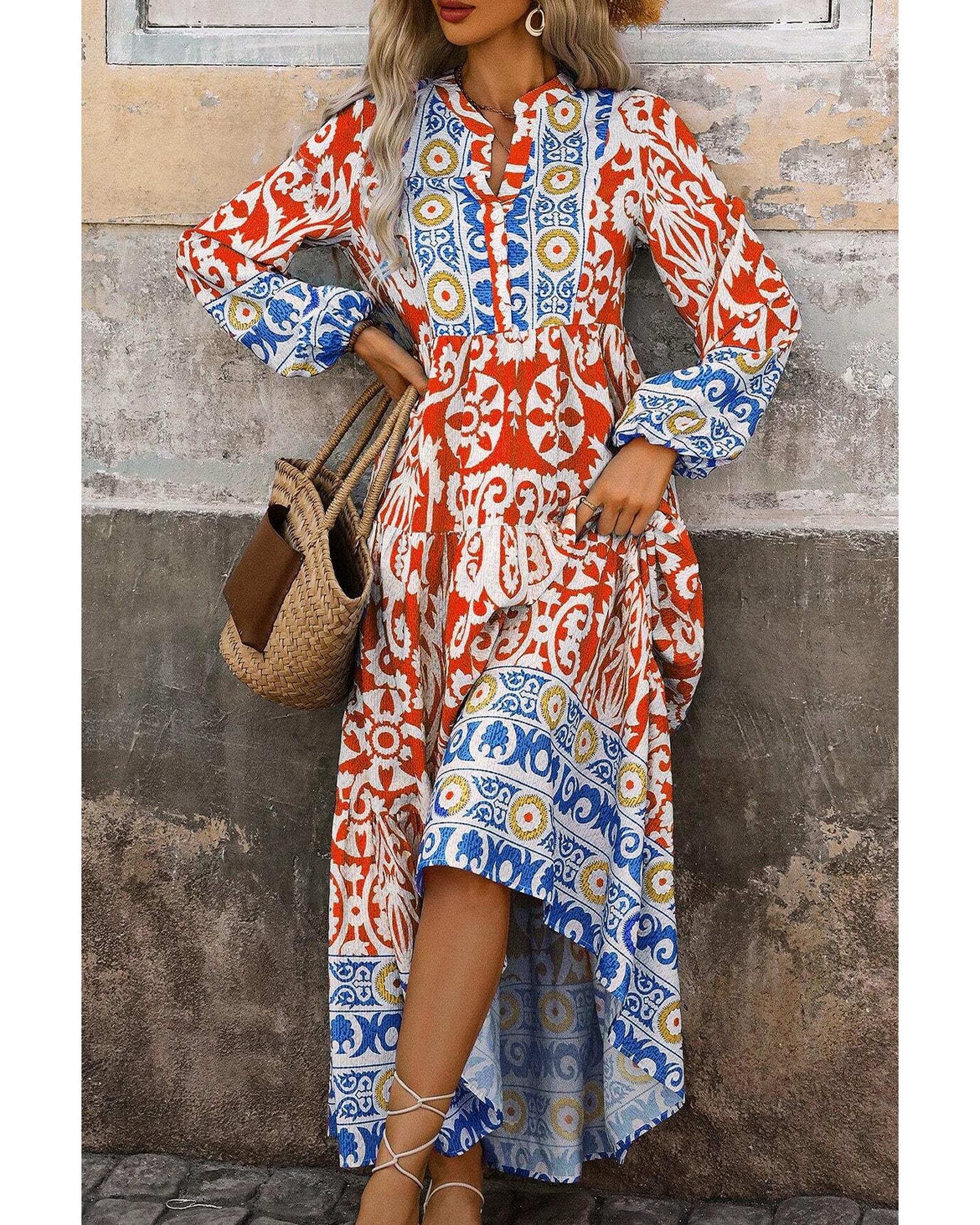 Orange Boho Geometric Printed Long Sleeve Maxi Dress - L 7