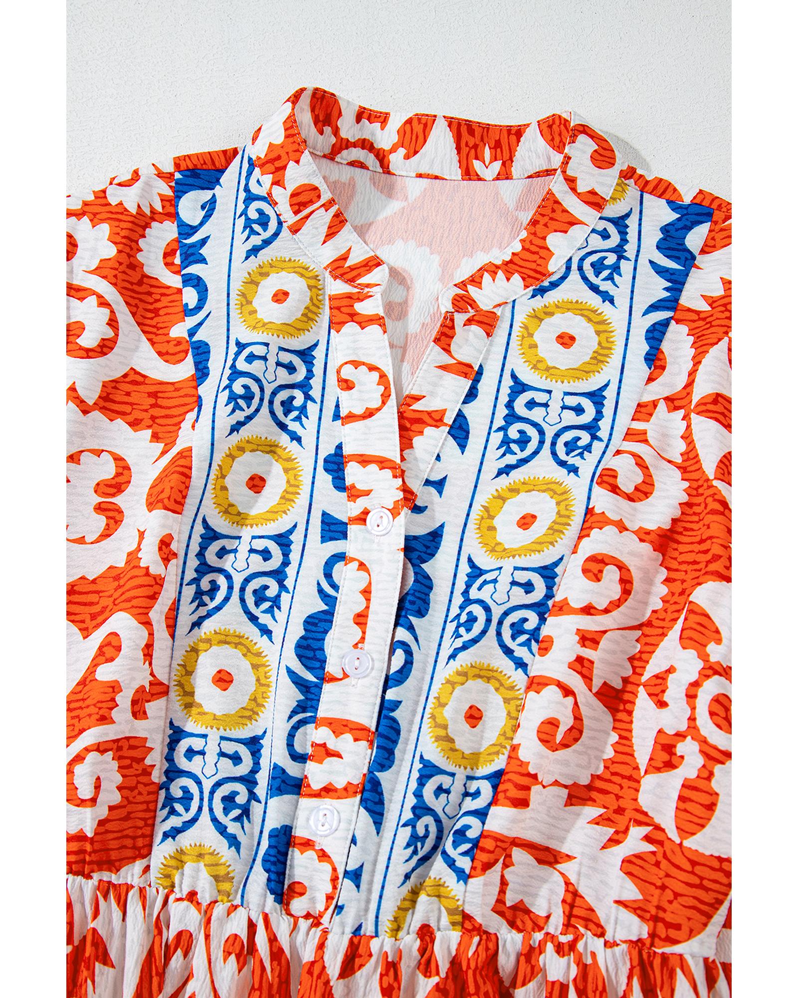 Orange Boho Geometric Printed Long Sleeve Maxi Dress - M 4