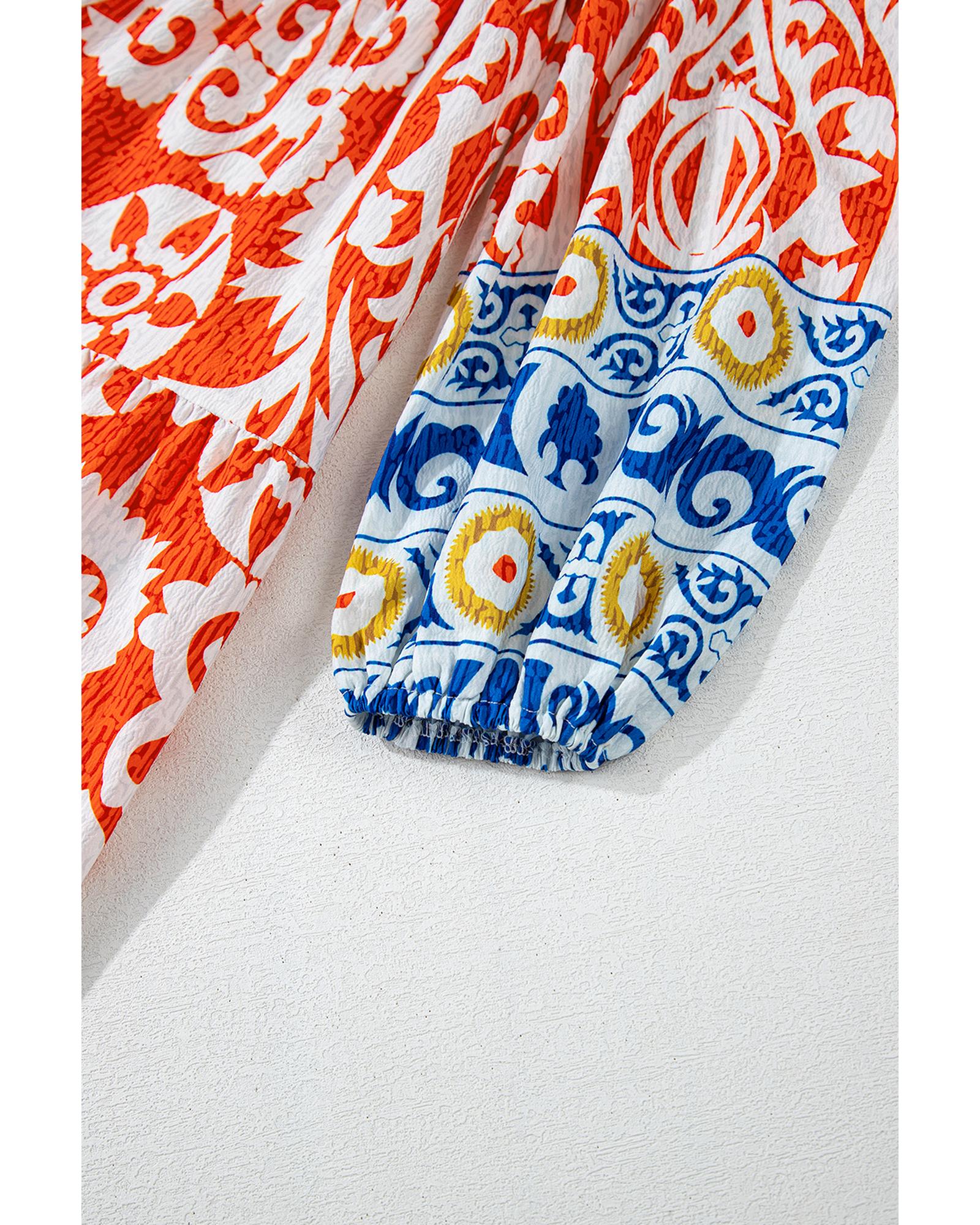 Orange Boho Geometric Printed Long Sleeve Maxi Dress - S 5