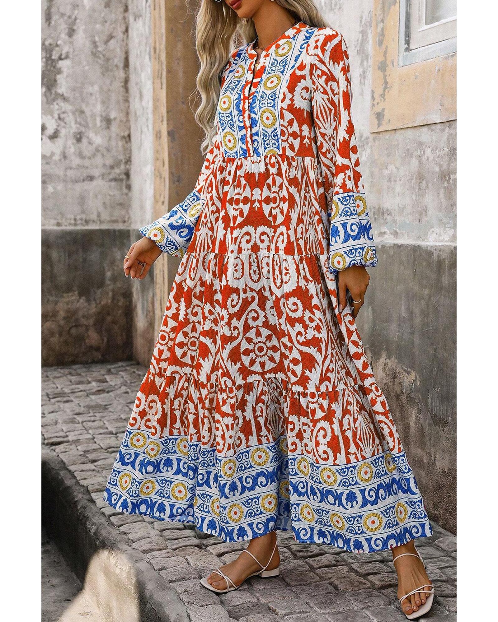 Orange Boho Geometric Printed Long Sleeve Maxi Dress - XL