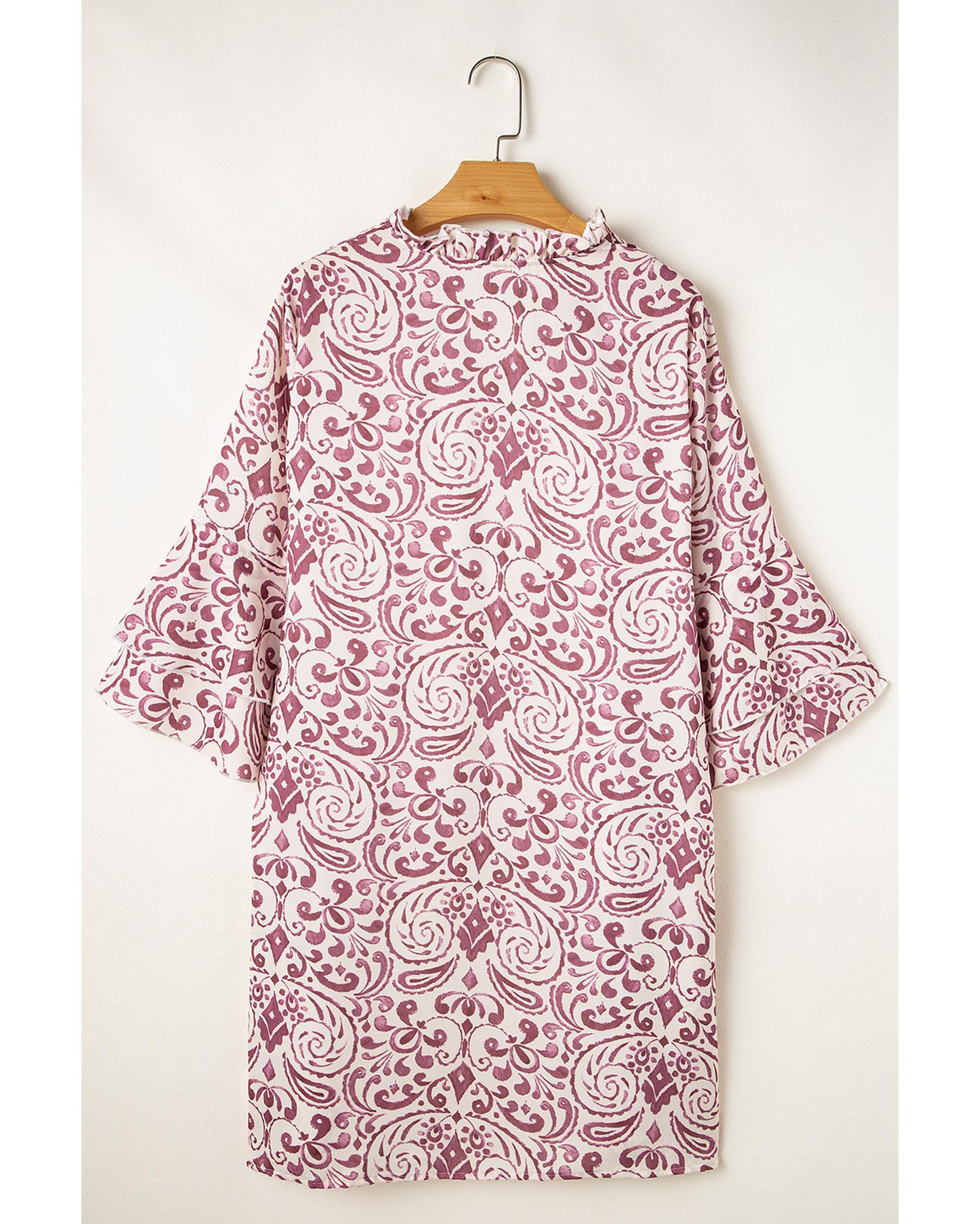 Pink Paisley Print Tiered 3/4 Sleeve Notched Neck Mini Dress - L 5