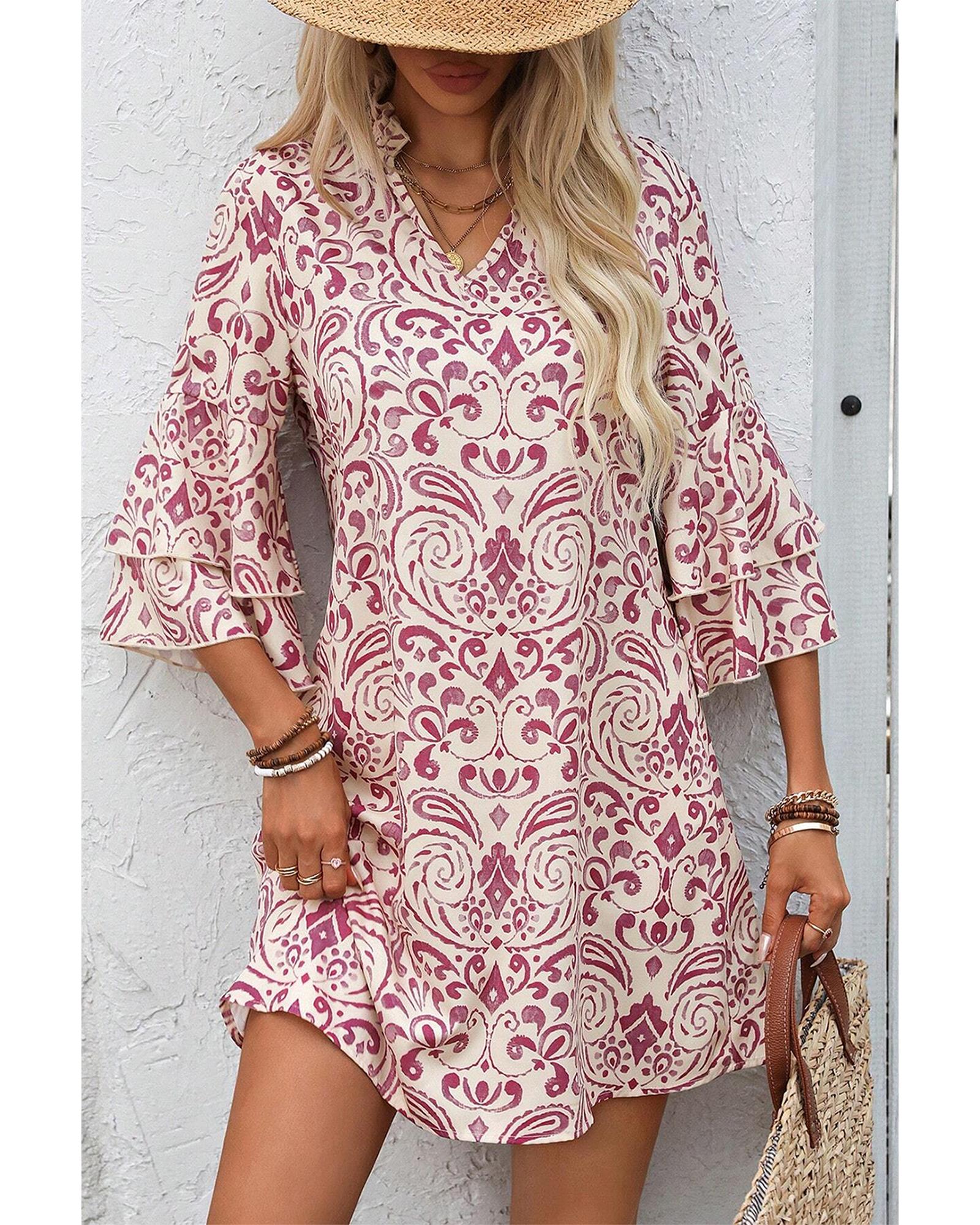 Pink Paisley Print Tiered 3/4 Sleeve Notched Neck Mini Dress - L 7