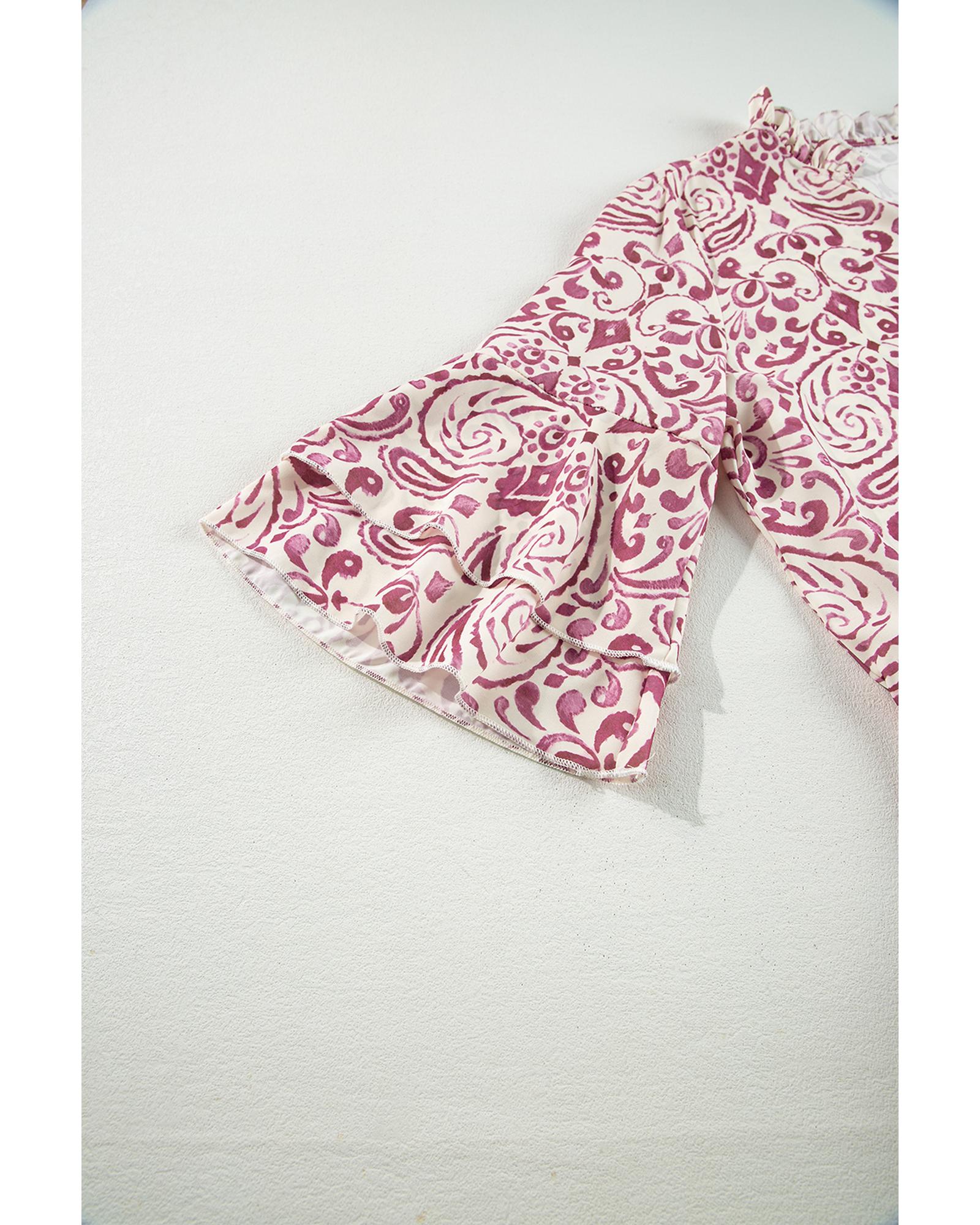 Pink Paisley Print Tiered 3/4 Sleeve Notched Neck Mini Dress - M