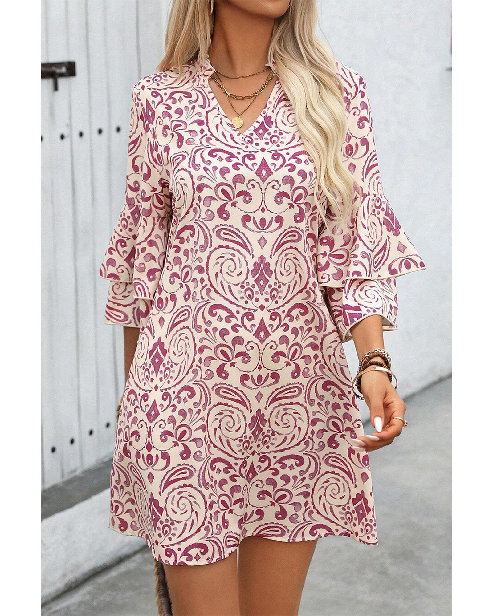 Pink Paisley Print Tiered 3/4 Sleeve Notched Neck Mini Dress - M