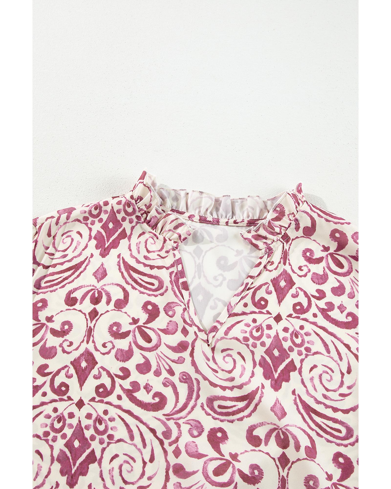 Pink Paisley Print Tiered 3/4 Sleeve Notched Neck Mini Dress - M 4