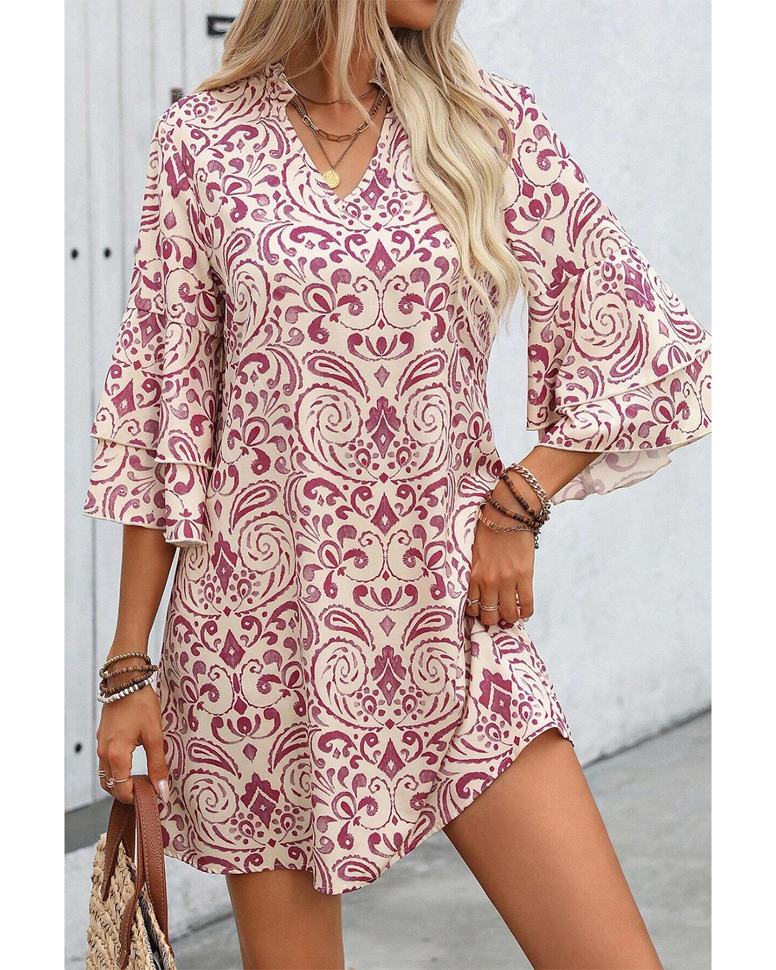 Pink Paisley Print Tiered 3/4 Sleeve Notched Neck Mini Dress - XL 3