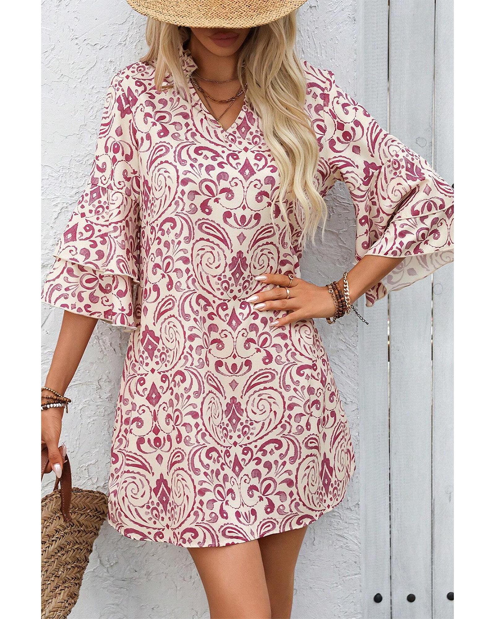 Pink Paisley Print Tiered 3/4 Sleeve Notched Neck Mini Dress - XL 7