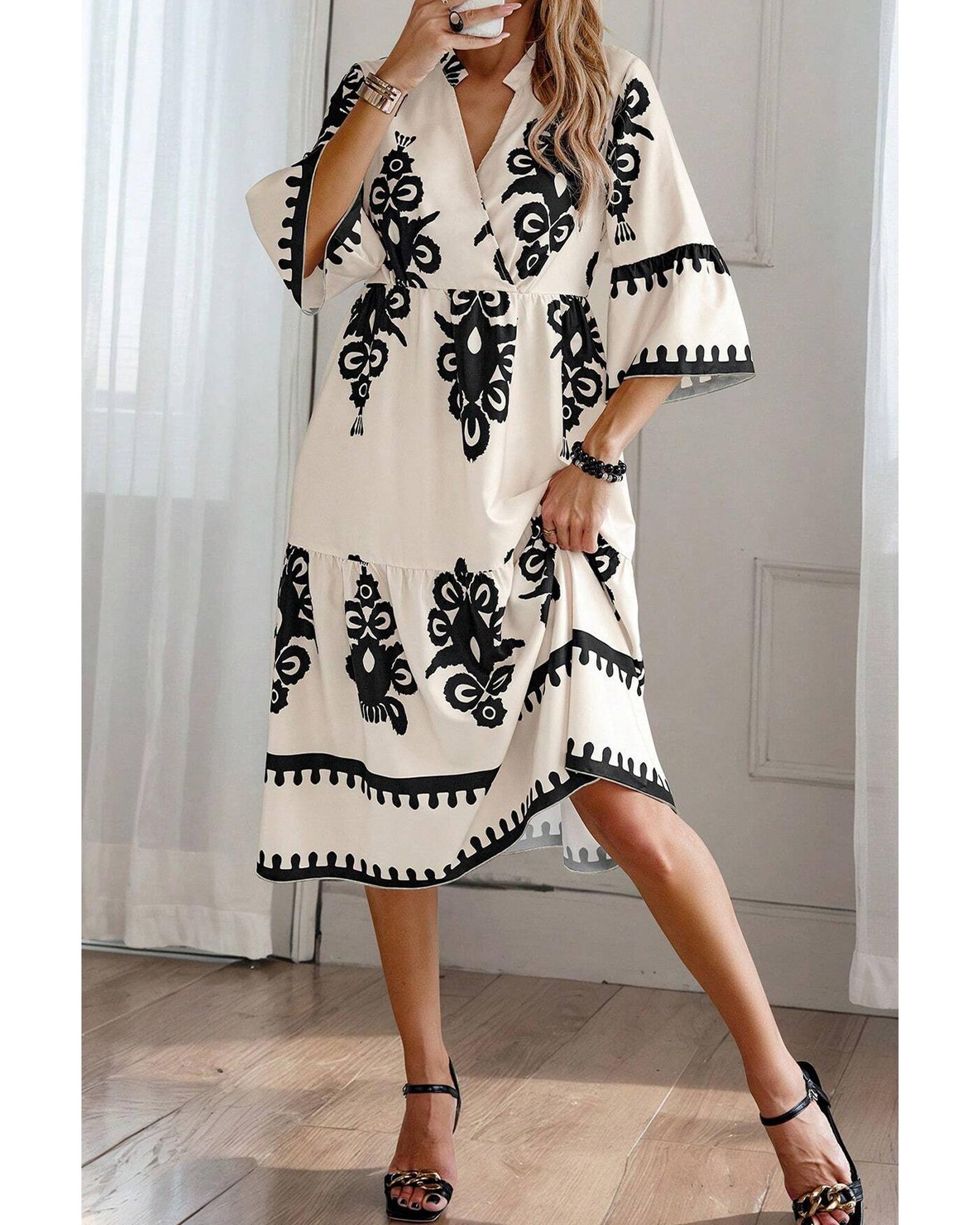 Beige Western Geometric Print 3/4 Sleeve Loose Midi Dress - L