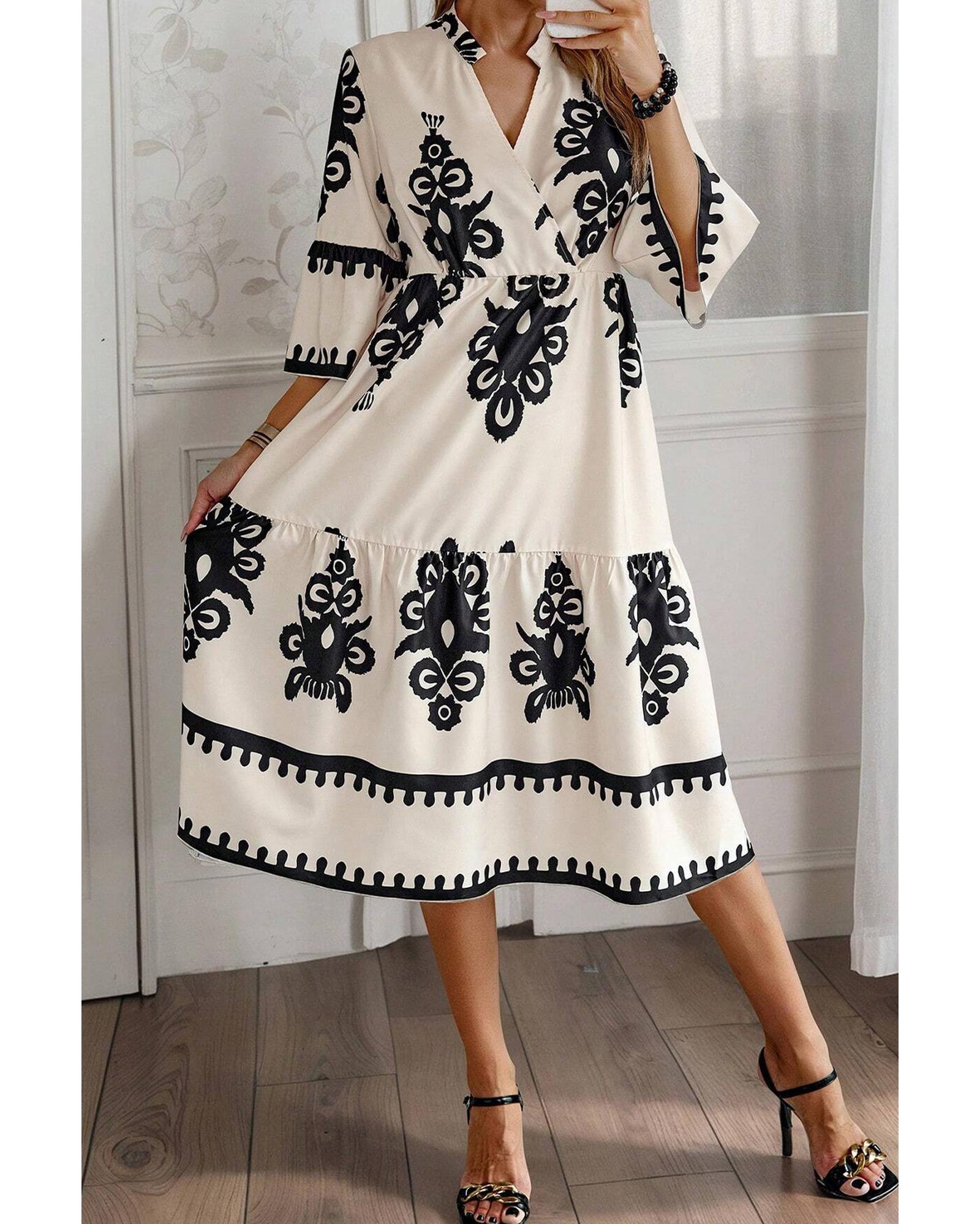 Beige Western Geometric Print 3/4 Sleeve Loose Midi Dress - XL 4