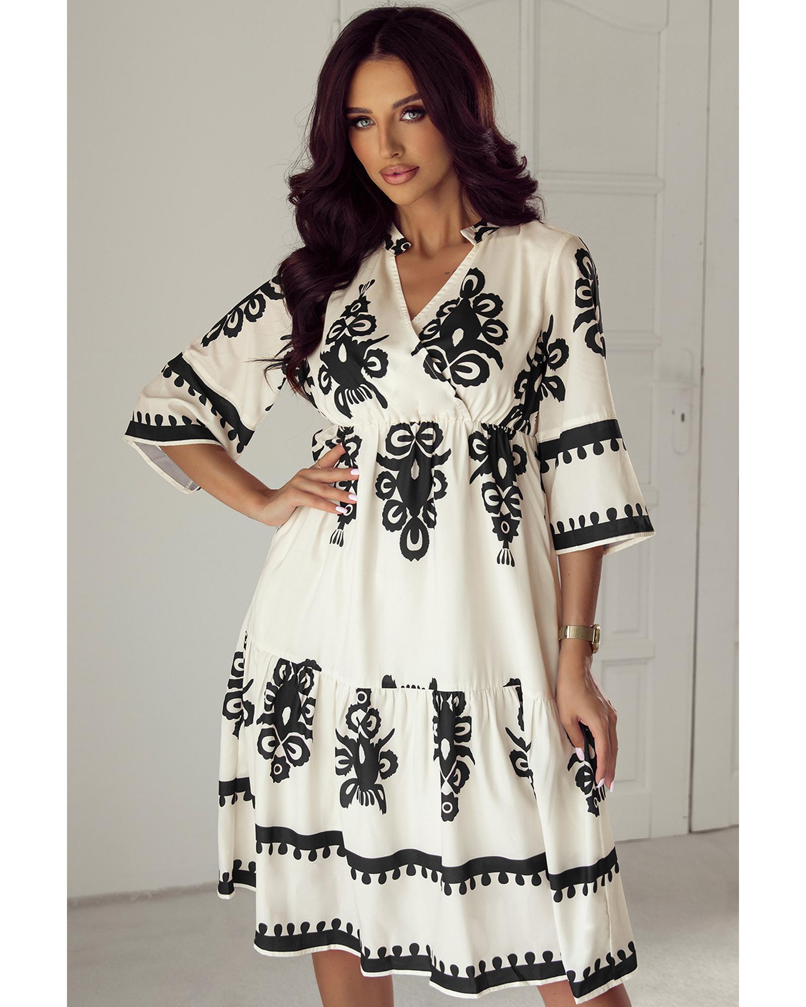 Beige Western Geometric Print 3/4 Sleeve Loose Midi Dress - XL 5
