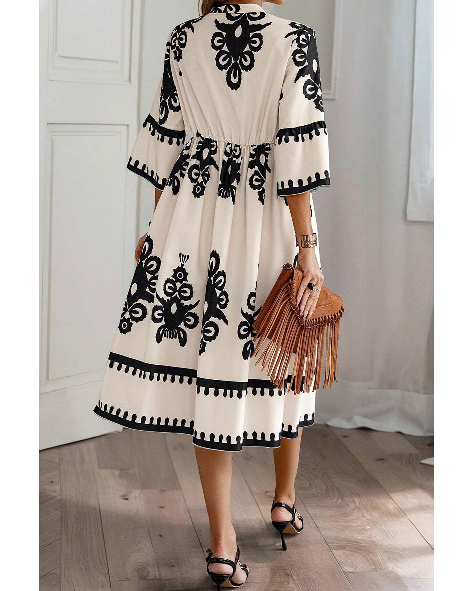 Beige Western Geometric Print 3/4 Sleeve Loose Midi Dress - XL 6