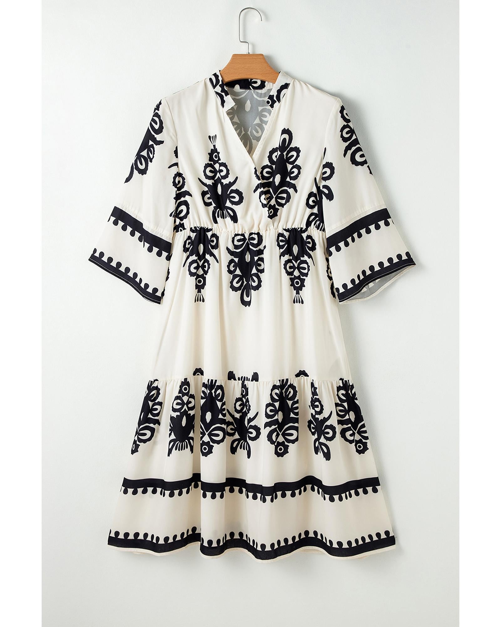 Beige Western Geometric Print 3/4 Sleeve Loose Midi Dress - XL 8
