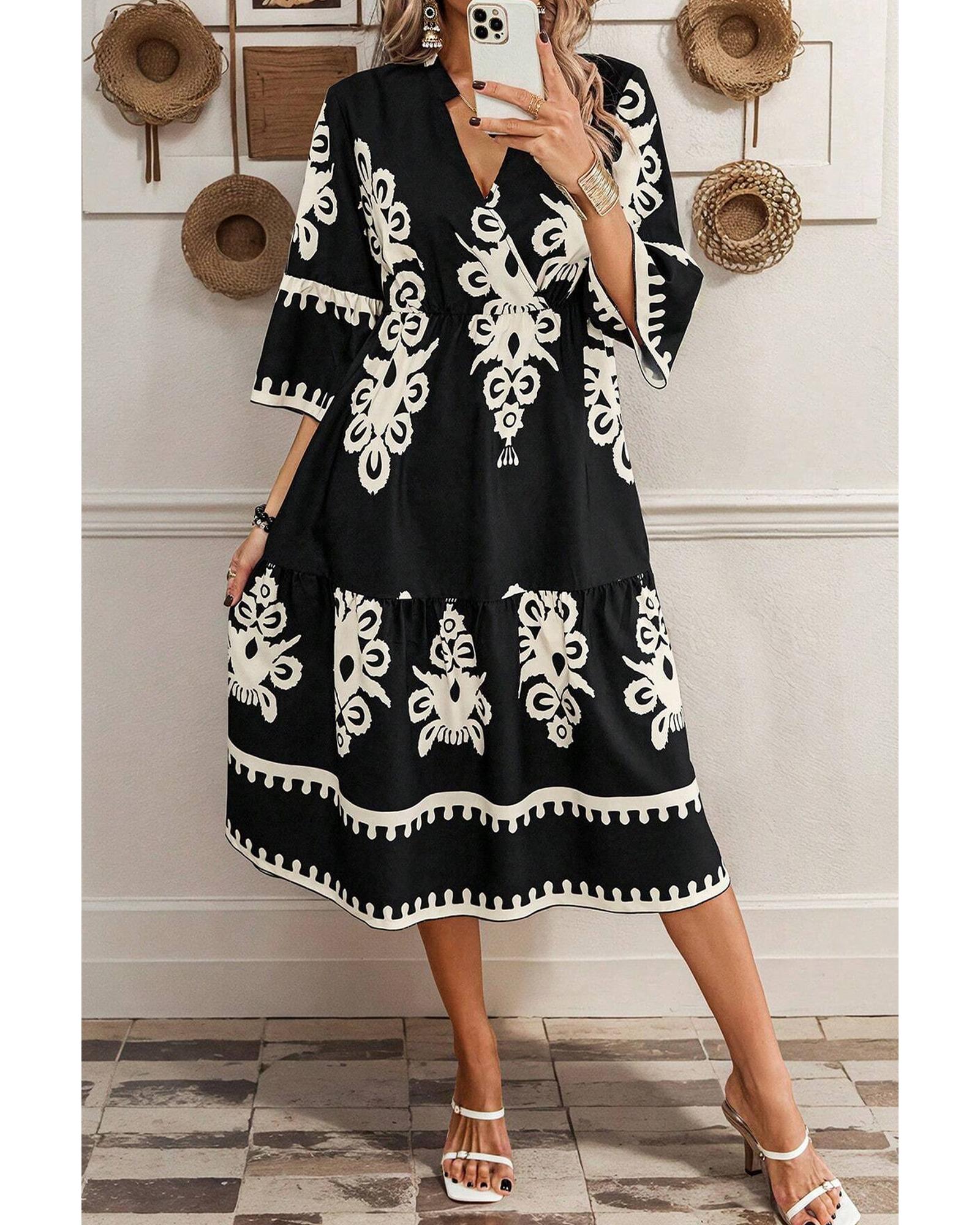 Black Western Geometric Print 3/4 Sleeve Loose Midi Dress - M 3