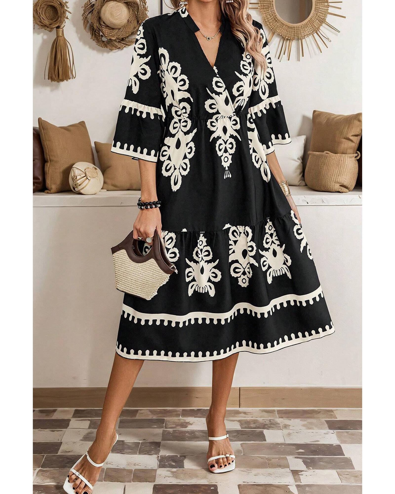 Black Western Geometric Print 3/4 Sleeve Loose Midi Dress - M 4